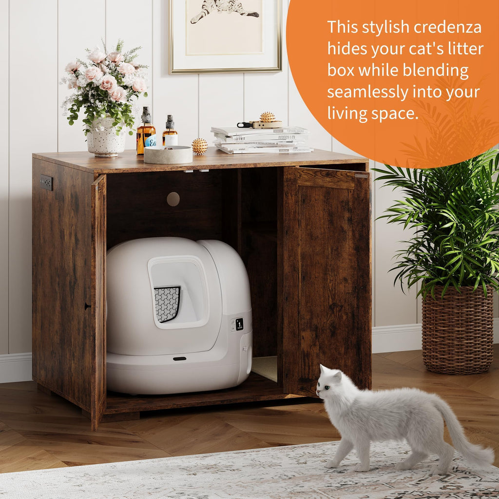 Garvee Extra Large Cat Litter Box Furniture Enclosure with Power Outlet, Dog Proof Privacy, Odor Control, Eco-Friendly Wood, Storage Shelves, Indoor Home