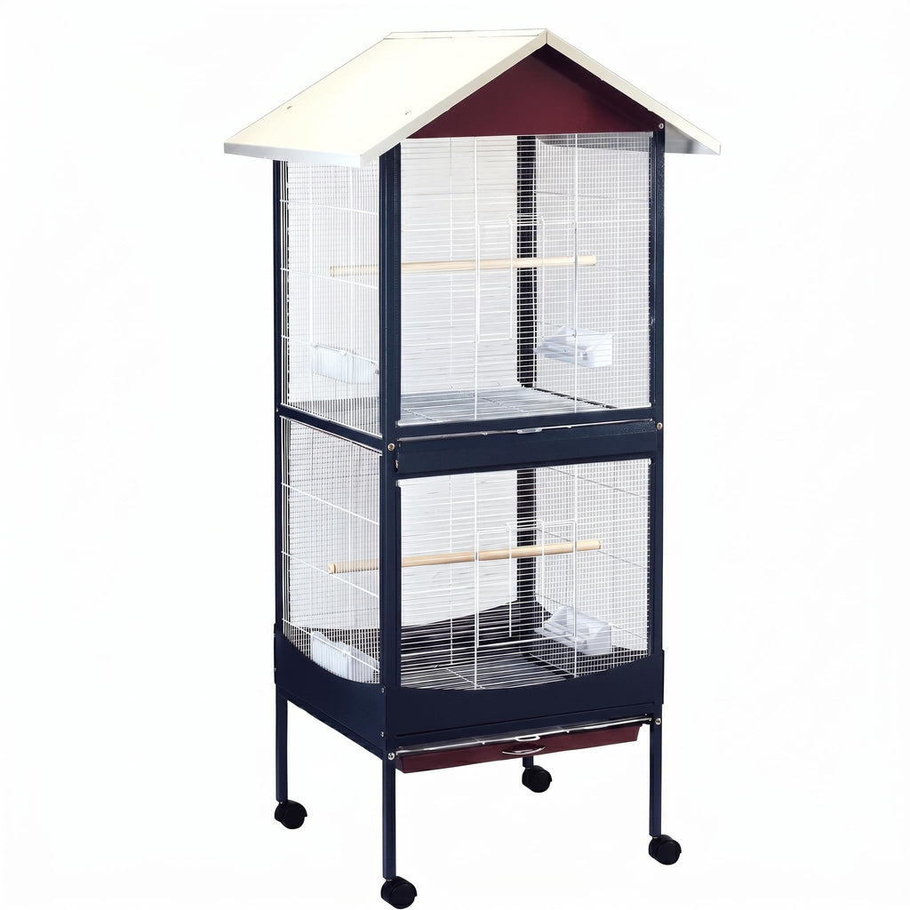 Garvee Rolling Bird Cage with Roof, Metal Wire Flight Cage for Parrots Lovebirds Finches, Wheeled Stand, Multiple Perches