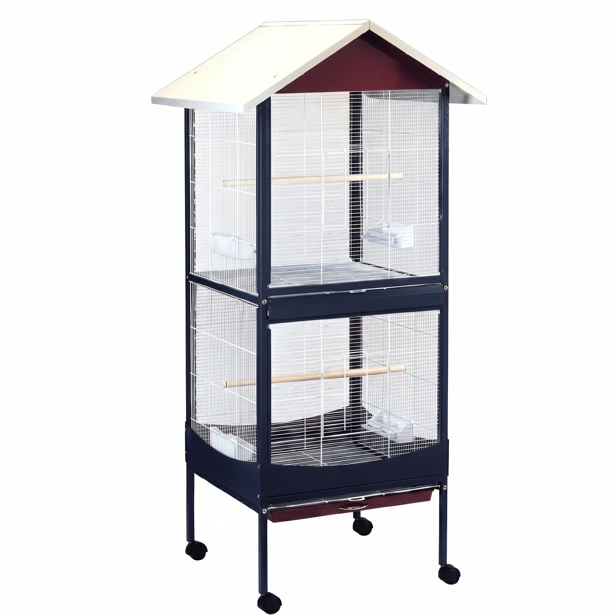 Garvee Rolling Bird Cage with Roof, Metal Wire Flight Cage for Parrots Lovebirds Finches, Wheeled Stand, Multiple Perches