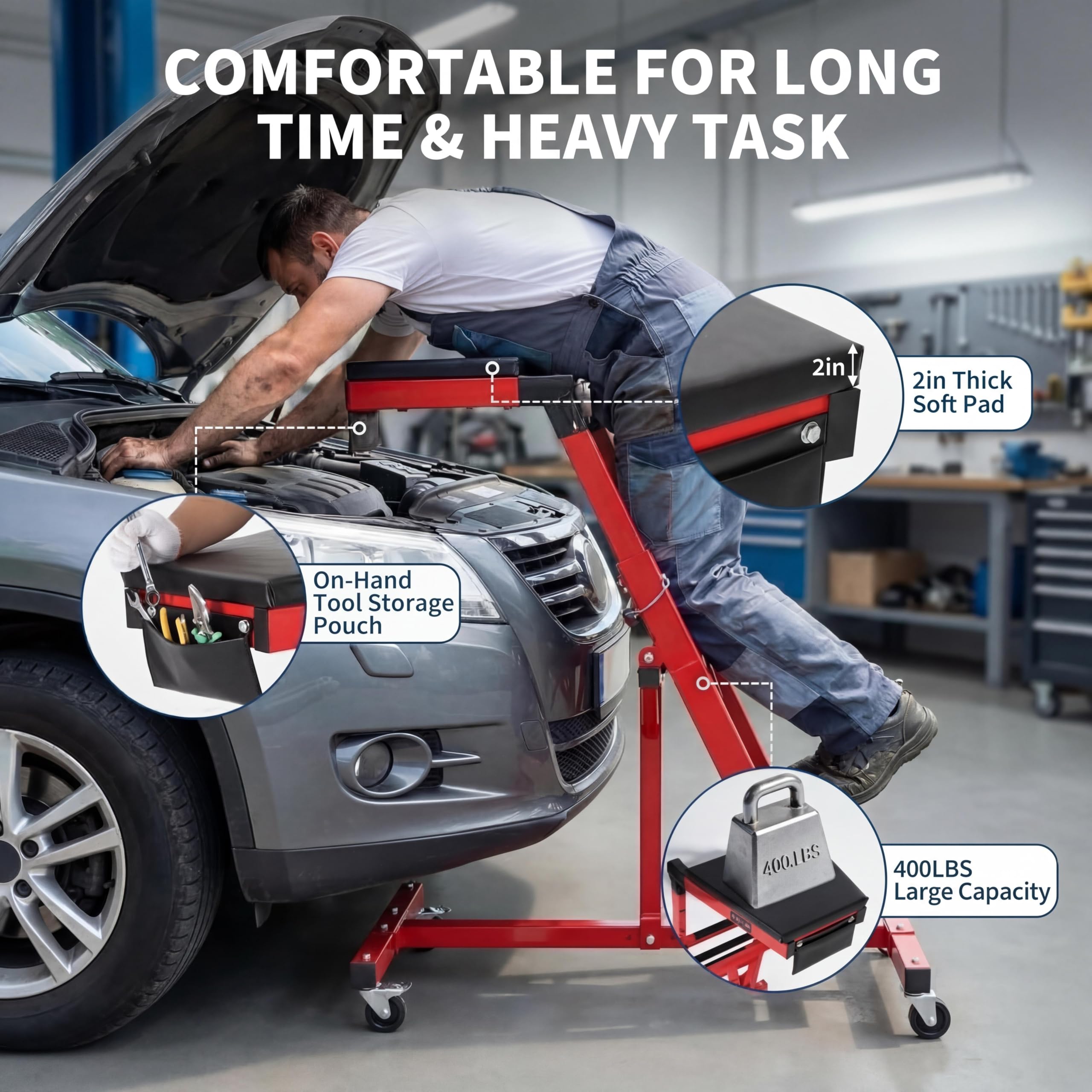 Garvee Topside Automotive Creeper for Trucks 49-76" Adjustable Height Heavy Duty 400 LBS Steel Foldable with Cushioned Pad & Lockable Casters for Garage Use, Red