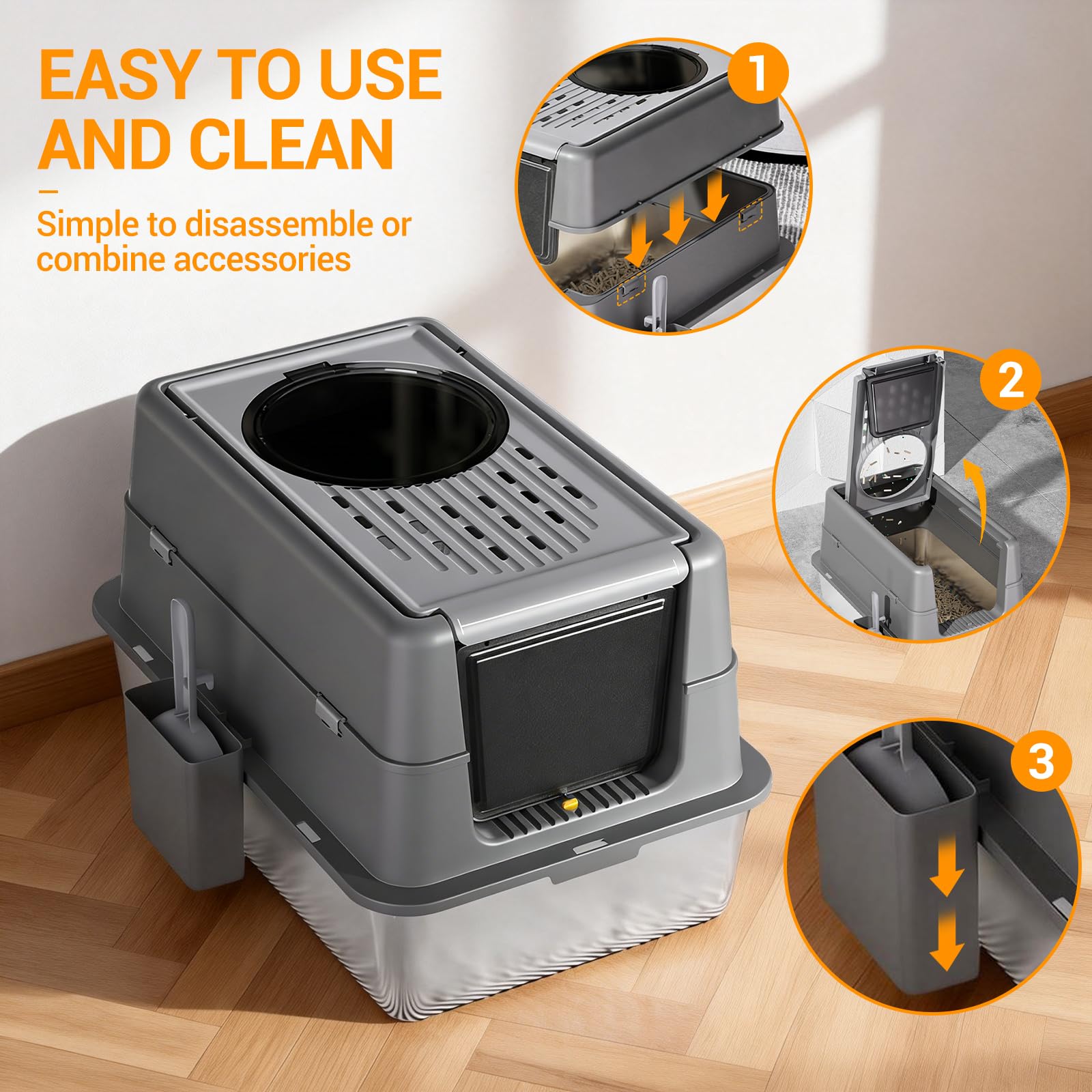 Garvee Extra Large Stainless Steel Cat Litter Box – Dual Front & Top Entry, 180° Turn Over-Top Enclosed Design, Leak-Proof, Odor Control, Easy Clean, Anti-Slip Base – For Large or Multi-Cat Households – Deep Black – Size: 60x40x38.5cm