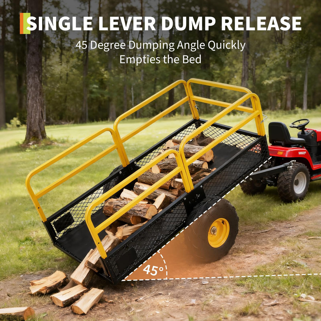Garvee 1600 lb Tow-Behind Dump Cart, 22 Cu. Ft. ATV UTV Garden Trailer with Removable Sides, 45° Dump Bed & All-Terrain Tires, Yellow