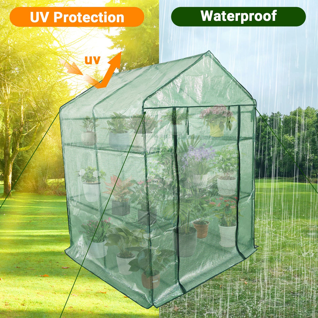 Garvee Walk-In Greenhouse 56 × 56 × 75 in, 6-Shelf Portable Green House with 140 g/m² PE Cover, Steel Frame and Roll-Up Zipper Door for Patio, Garden and Backyard, Green