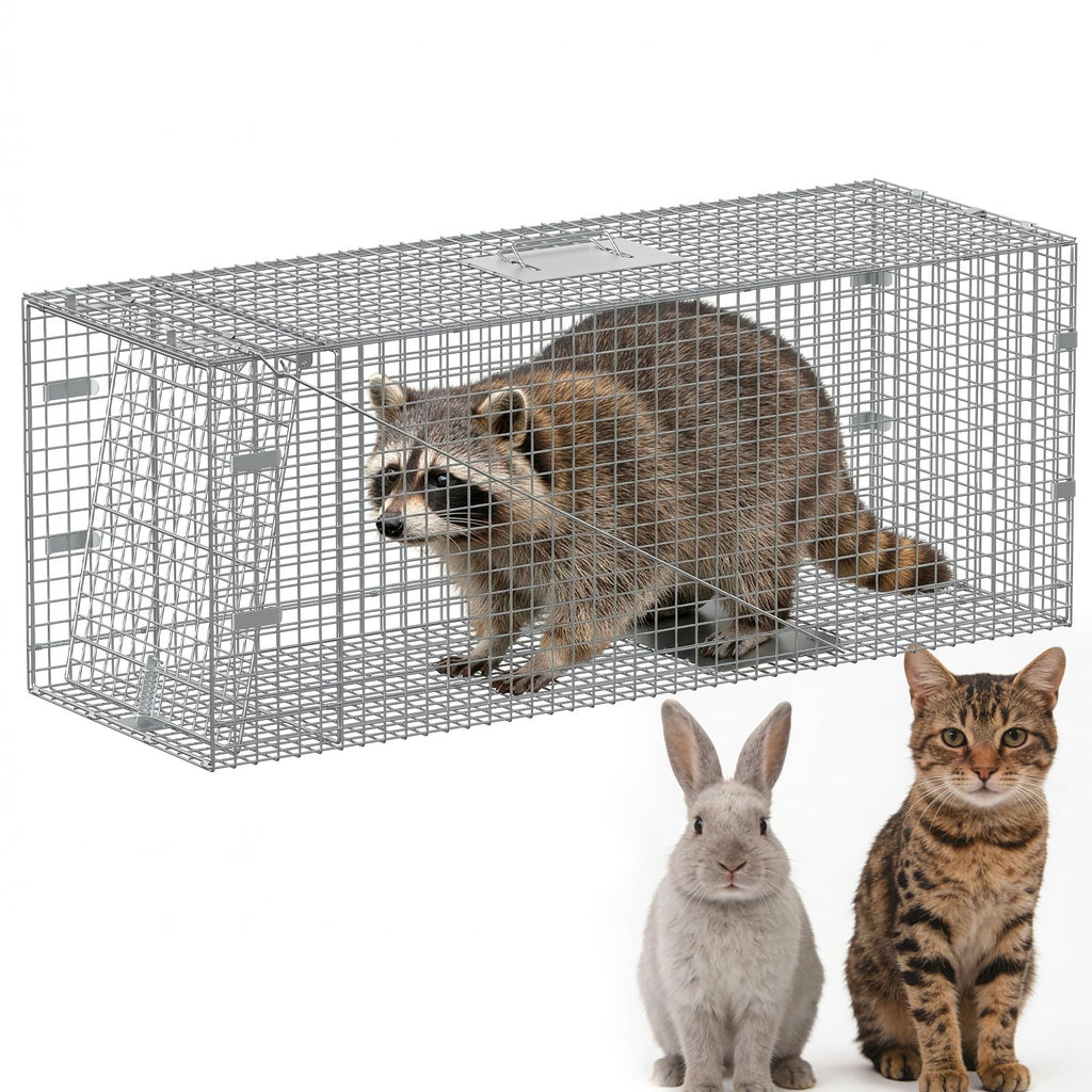 Garvee Large Humane Live Animal Trap Cage – Collapsible Steel, Sensitive Trigger – For Raccoons, Stray Cats, Skunks, Squirrels & Similar Pests – Carry Handle – 42x16x18 in / 117x41x46 cm