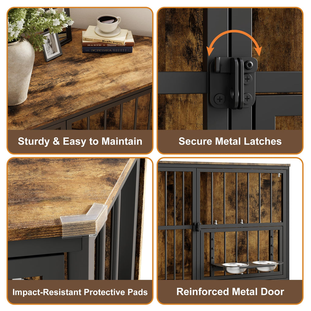 Garvee Space-Saving Corner Dog Crate Furniture – Wooden Indoor Kennel End Table with 360° Rotating Door, Stainless Steel Feeding Bowls, Decorative Design for Small Breeds, Vintage + Black Iron Frame, Brown