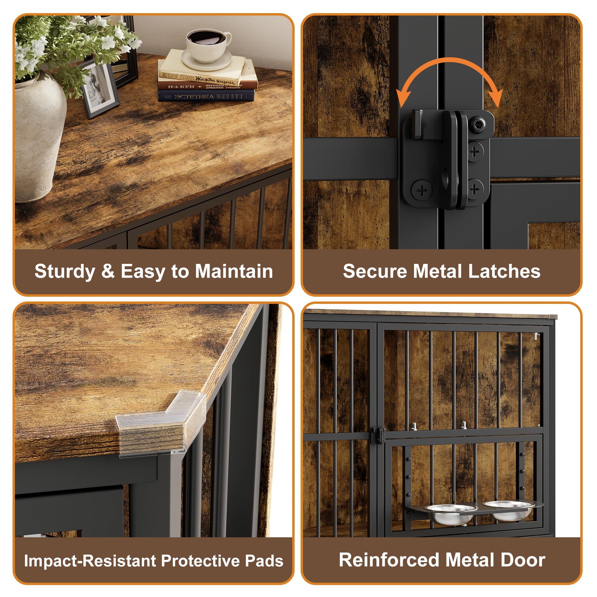 Garvee Space-Saving Corner Dog Crate Furniture – Wooden Indoor Kennel End Table with 360° Rotating Door, Stainless Steel Feeding Bowls, Decorative Design for Small Breeds, Vintage + Black Iron Frame, Brown
