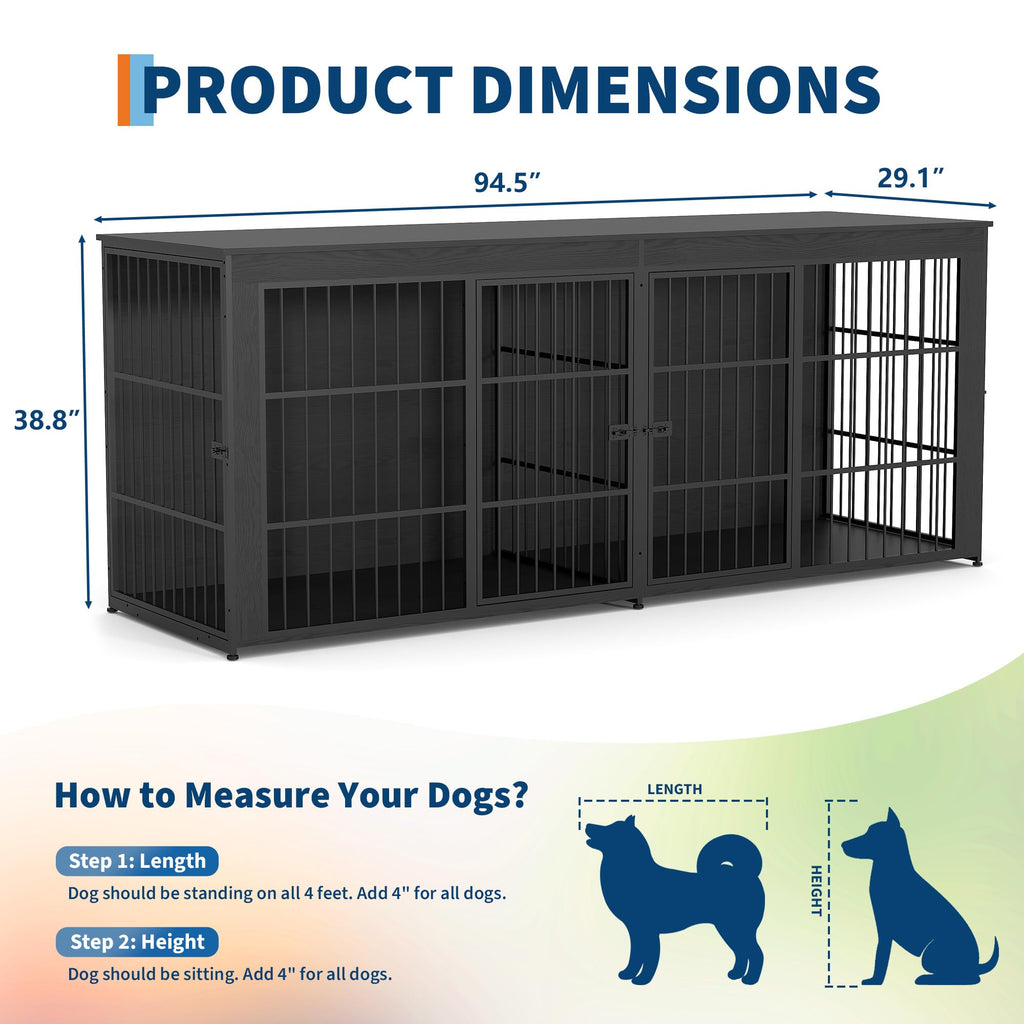 Garvee 94.5" Extra Large Dog House Furniture, Heavy Duty Wooden Dog Kennel Indoor End Table, TV Stand  for Large/Medium Dogs, 4 Doors, Divider, Storage, Adjustable Feet, Gray