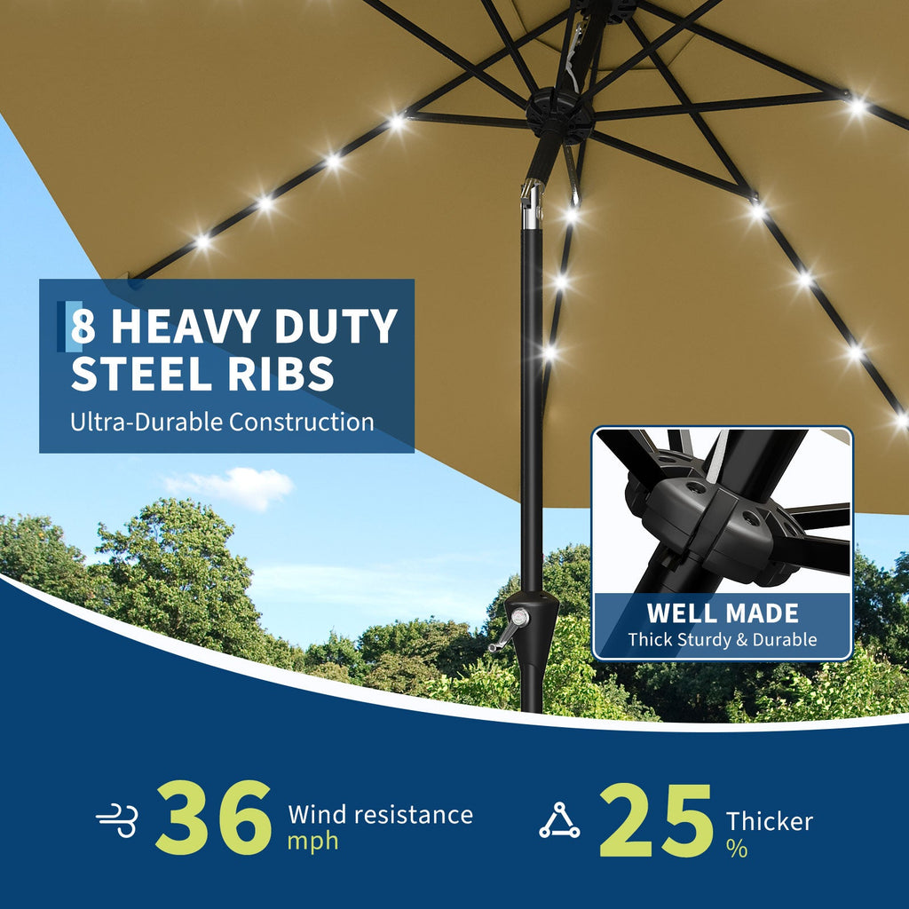 Garvee 9FT Solar LED Patio Umbrella, Waterproof Outdoor Market Table Umbrella with 8 Ribs, Crank Lift, Push Button Tilt, UV Protection for Garden, Pool & Deck, Khaki