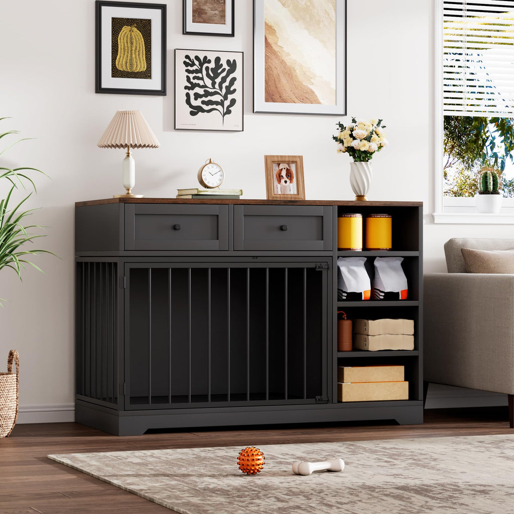 Garvee 47" Dog Crate Furniture Indoor with 2 Drawers & 4 Shelves, Large Dogs Kennel Furniture TV Stand, Wooden Dog Cage for Large Medium Dogs, Black