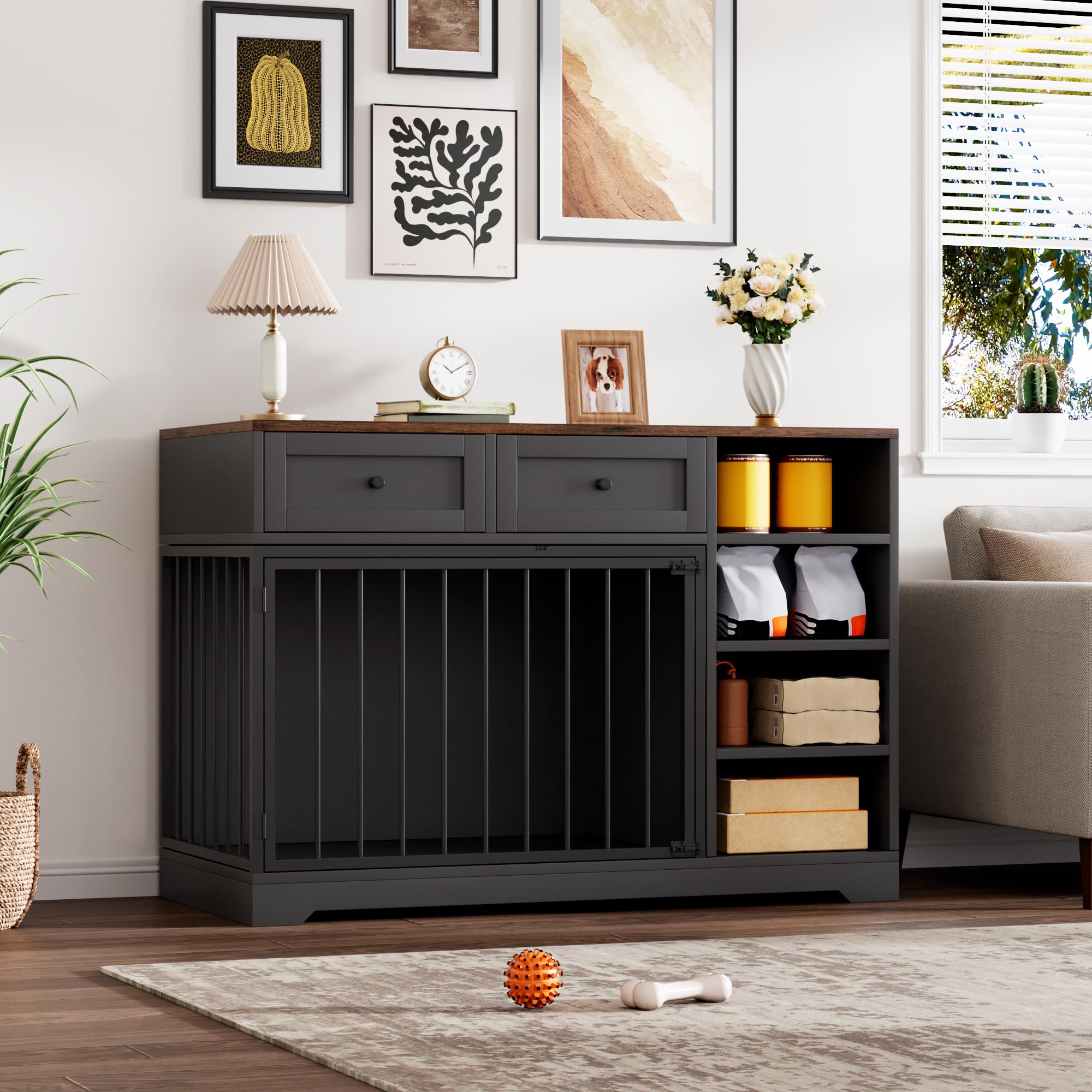 Garvee 47" Dog Crate Furniture Indoor with 2 Drawers & 4 Shelves, Large Dogs Kennel Furniture TV Stand, Wooden Dog Cage for Large Medium Dogs, Black