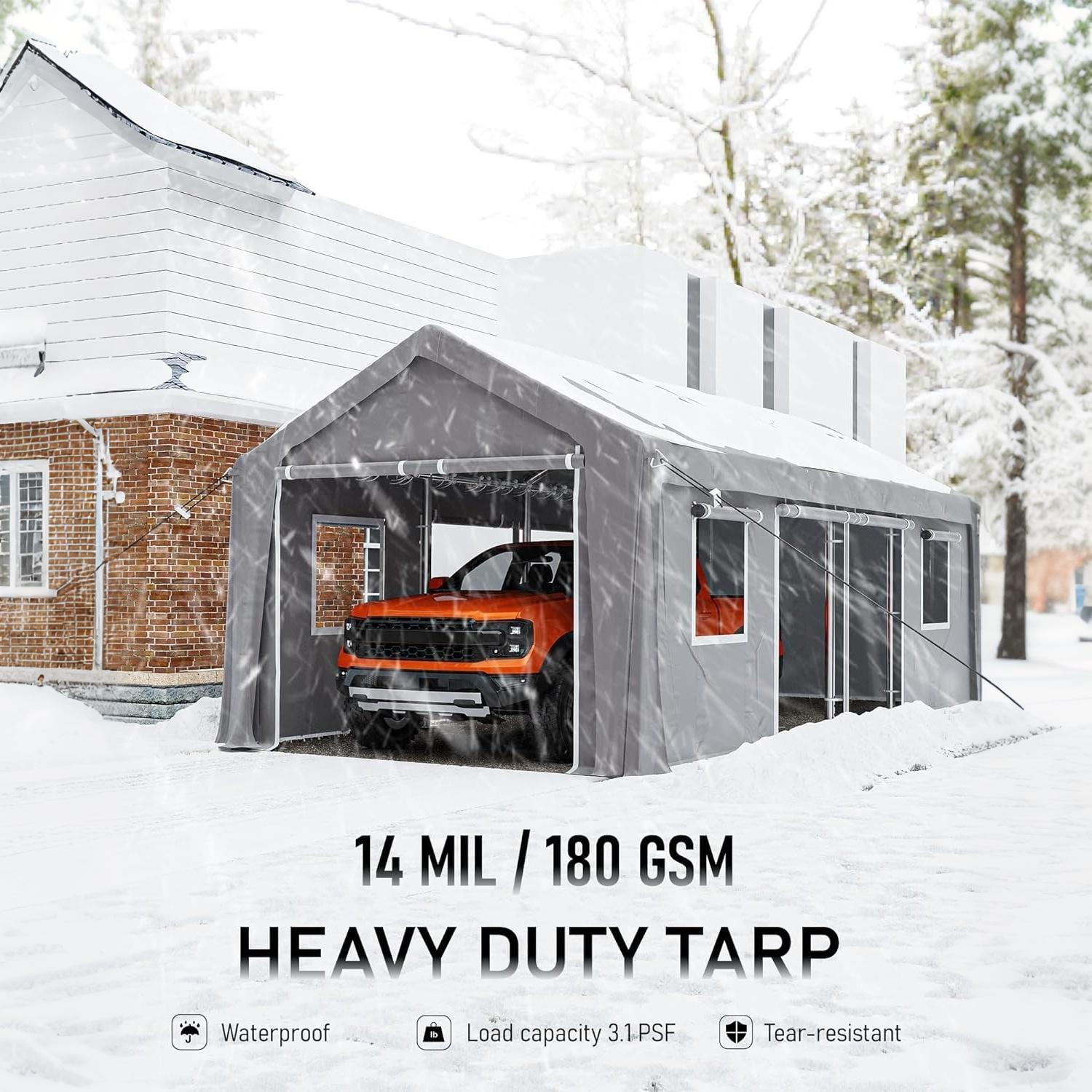 Garvee 2-Pack Heavy Duty Carport Replacement Zipper Doors, 160G PE Waterproof UV-Resistant Panels with 64 Ball Bungees for 13x20 FT & 13x25 FT Portable Garages, Gray