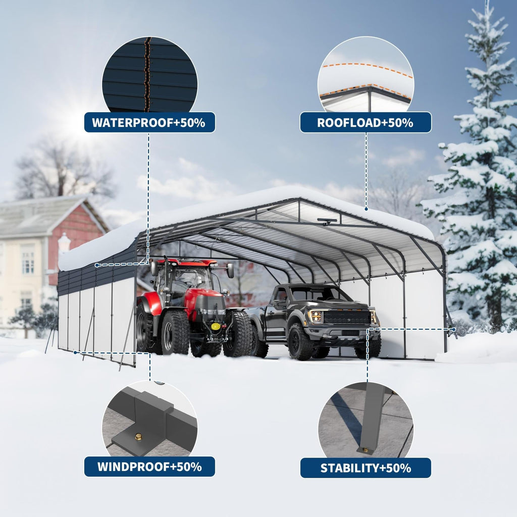 Garvee 20 x 25 FT Heavy Duty Metal Carport, 500 Sq Ft 2-Car Garage Canopy with Galvanized Steel Roof, Removable PE Sidewalls & LED Light for Trucks, Boats and Outdoor Events