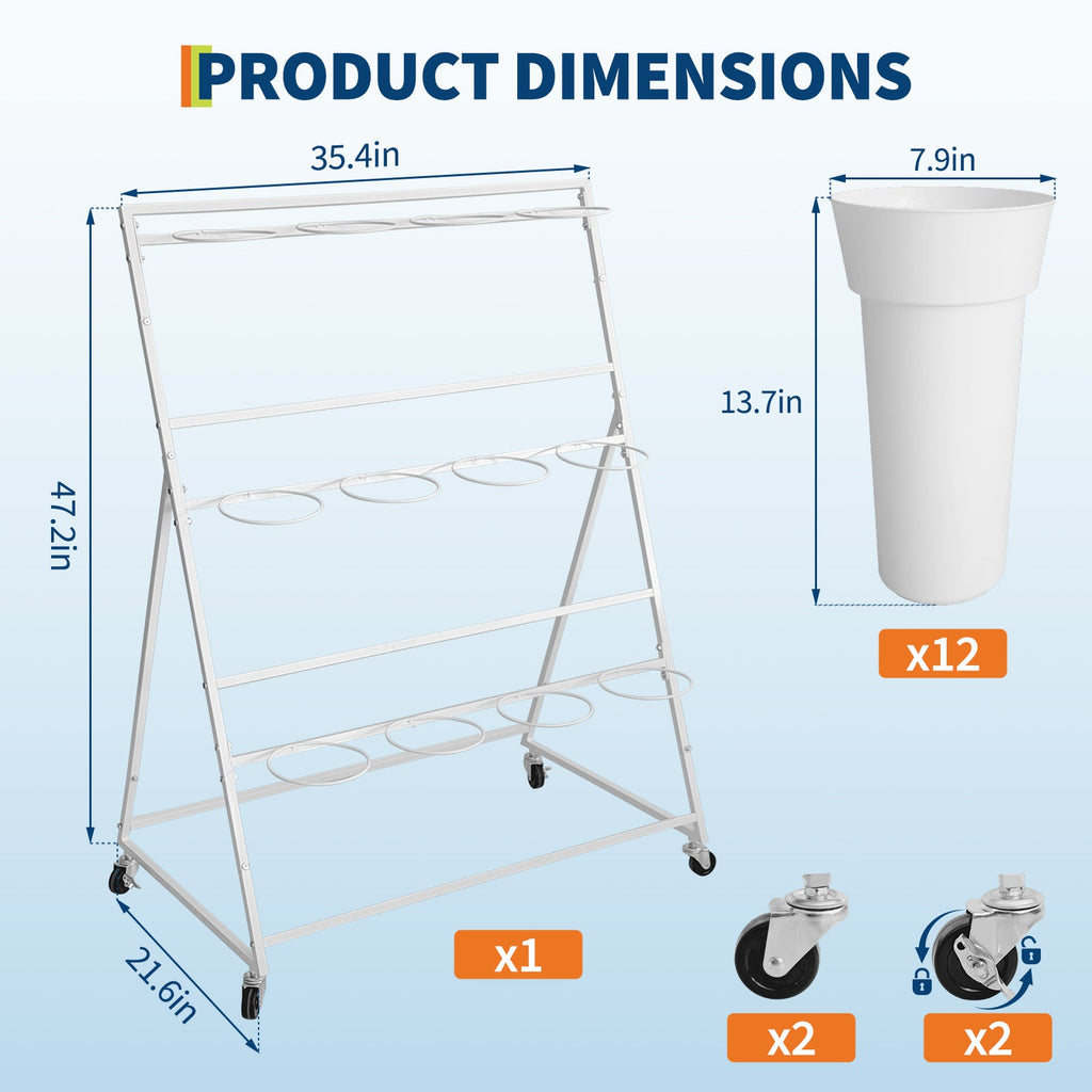 Garvee 3-Tier White Metal Flower Display Stand with 12 Removable Waterproof Buckets, Rolling Plant Rack – Multi-Layer Indoor Outdoor Flower Pot Holder for Florist, Garden, Patio, Wedding – Size: 90×55×120cm, Color: White