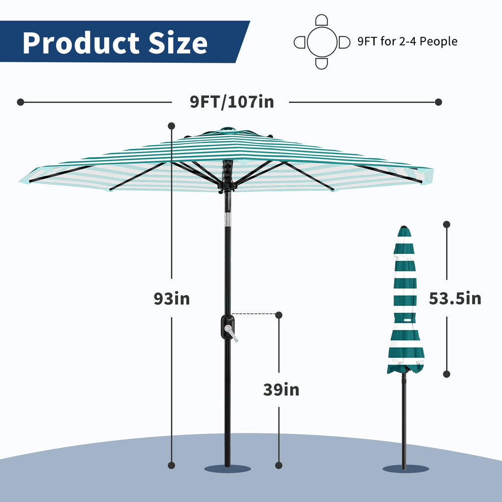 Garvee 9 ft Outdoor Patio Umbrella with Crank Lift, Push-Button Tilt, UV-Resistant Waterproof Canopy for Pool, Deck & Yard, Turquoise & White Stripes