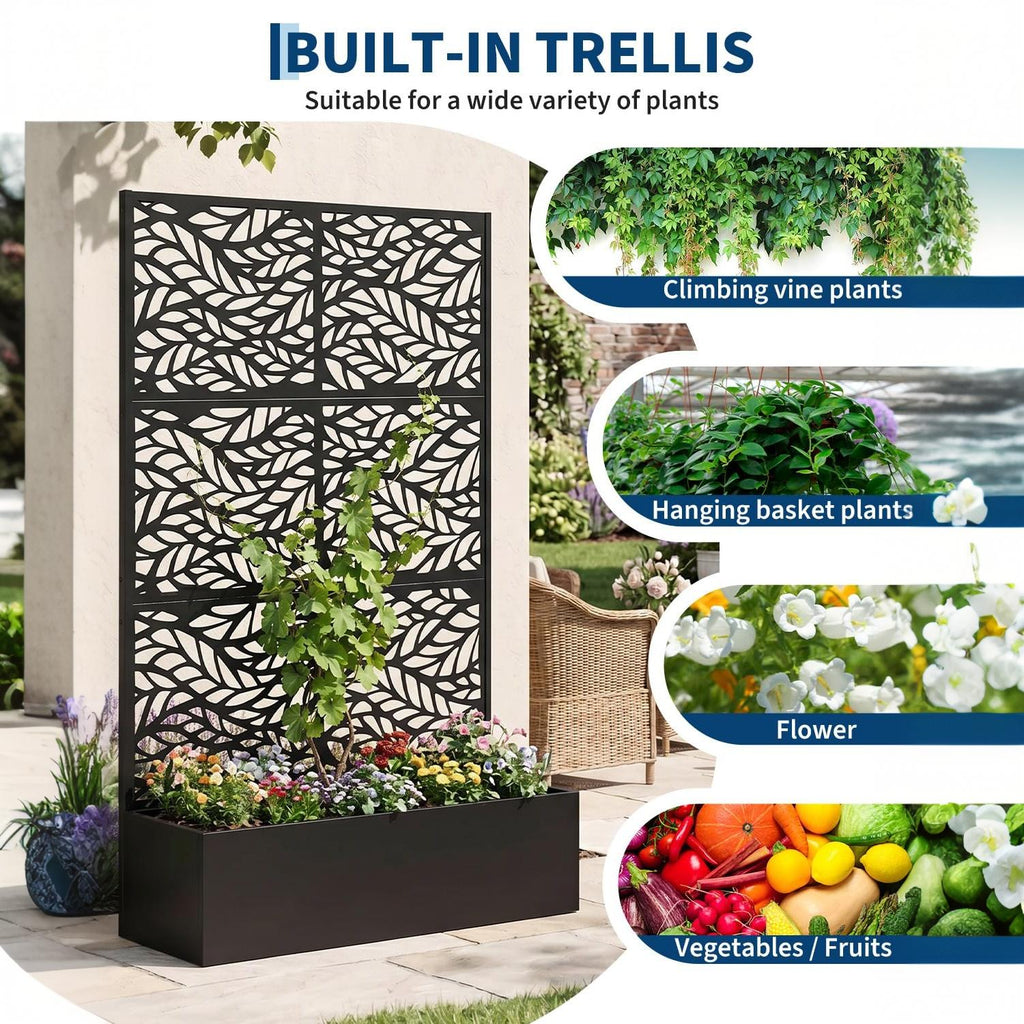 Garvee Raised Planter Box with Trellis for Climbing Plants, 71 x 44 x 16 in All-Weather Metal Garden Bed with Privacy Screen, Drainage Holes, Black
