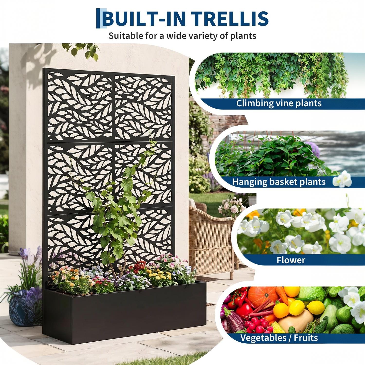 Garvee Raised Planter Box with Trellis for Climbing Plants, 71 x 44 x 16 in All-Weather Metal Garden Bed with Privacy Screen, Drainage Holes, Black