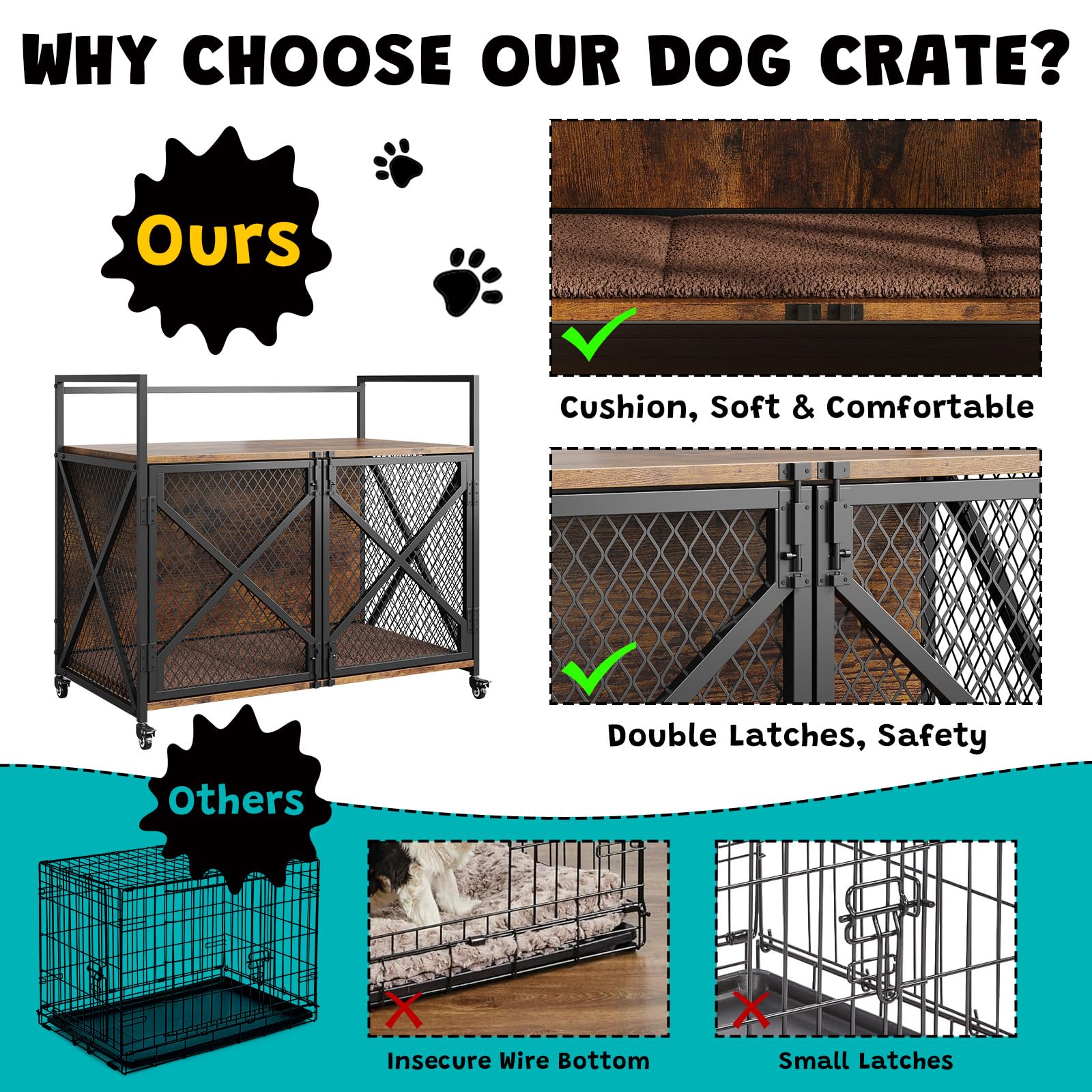 Garvee 41 Inch Dog Crate Furniture, Heavy Duty Dog Cage Furniture for Medium Dogs, Wooden Crates Indoor Kennels with Lockable 360° Wheels, Sturdy Dog Kennel Furniture Dog Crate with Divider