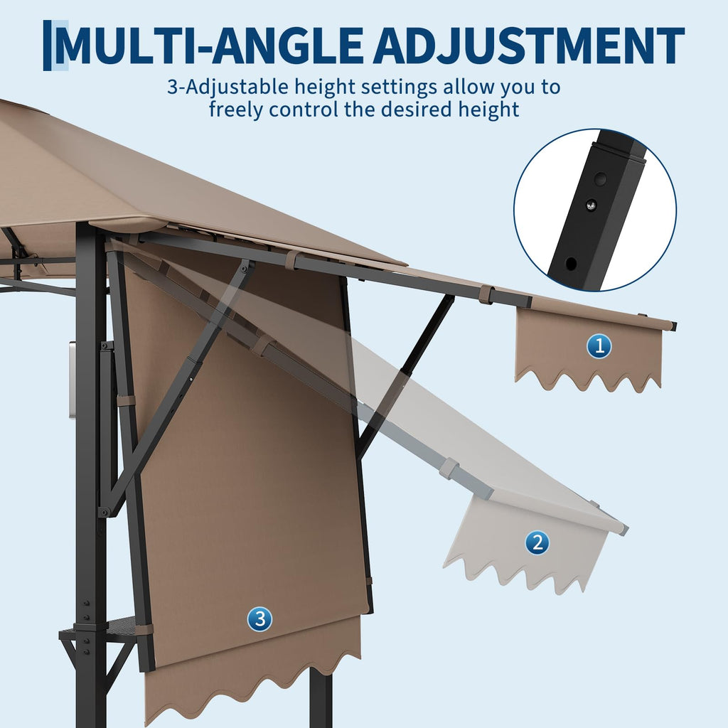Garvee 8' × 5' Grill Gazebo with Dual Adjustable Awnings, 2-Tier Ventilated Canopy, Steel Frame, 2 Shelves & 7 Hooks, Khaki