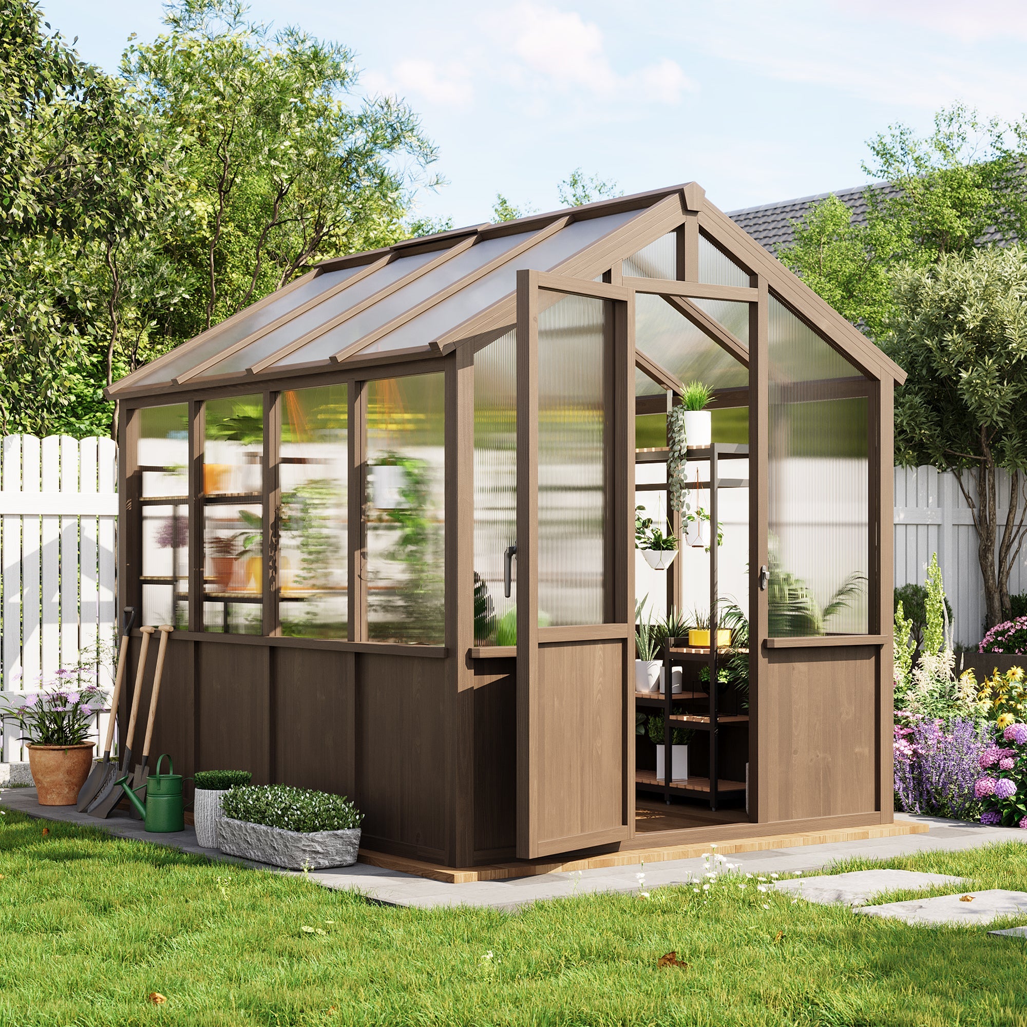 Garvee Spacious 6x8 FT Walk-In Wooden Greenhouse for Outdoors – Heavy Duty Spruce Frame, Durable PC Panels, Adjustable Roof Vents, Lockable Door – Outdoor Storage for Garden, Patio, Lawn – 6x8 Vintage Color
