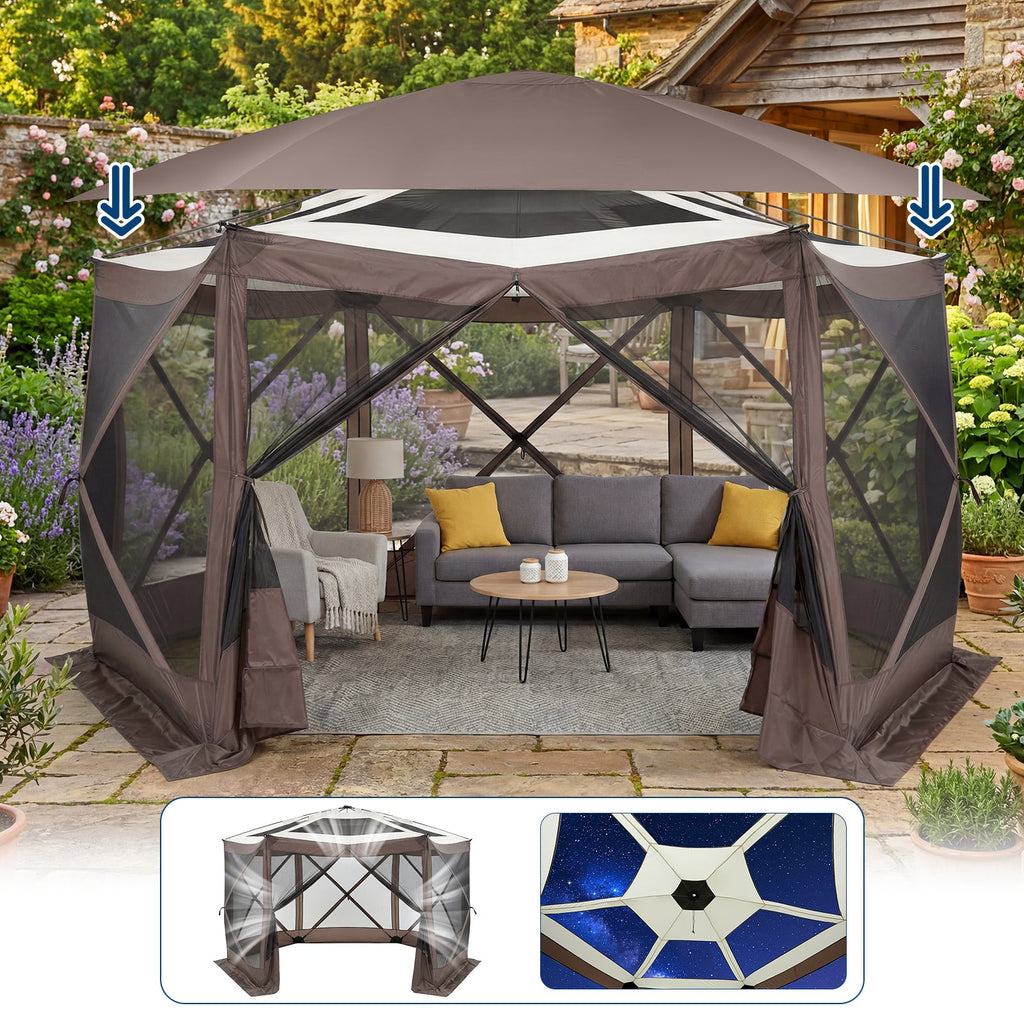 Garvee Screen Gazebo Tent, 13 x 13 FT 6-Sided Canopy for 8-10 People with 7.5 FT Height, Removable Sidewalls and Windows for Camping, Khaki and Beige