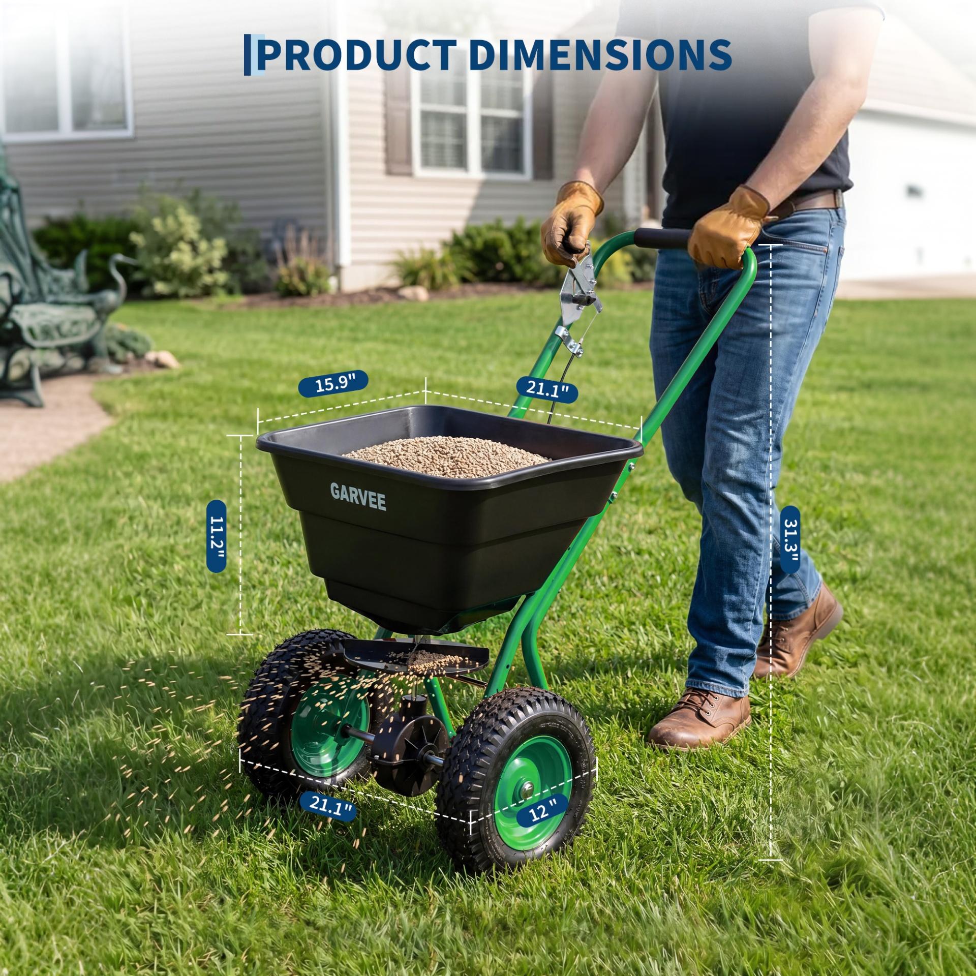 Garvee 80 lb Push Broadcast Spreader with 12' Spread Width, Adjustable Drop Rate, 10" Pneumatic Tires, Rain Cover & Gloves for Seed, Fertilizer, Salt and Ice Melt, Black & Dark Green