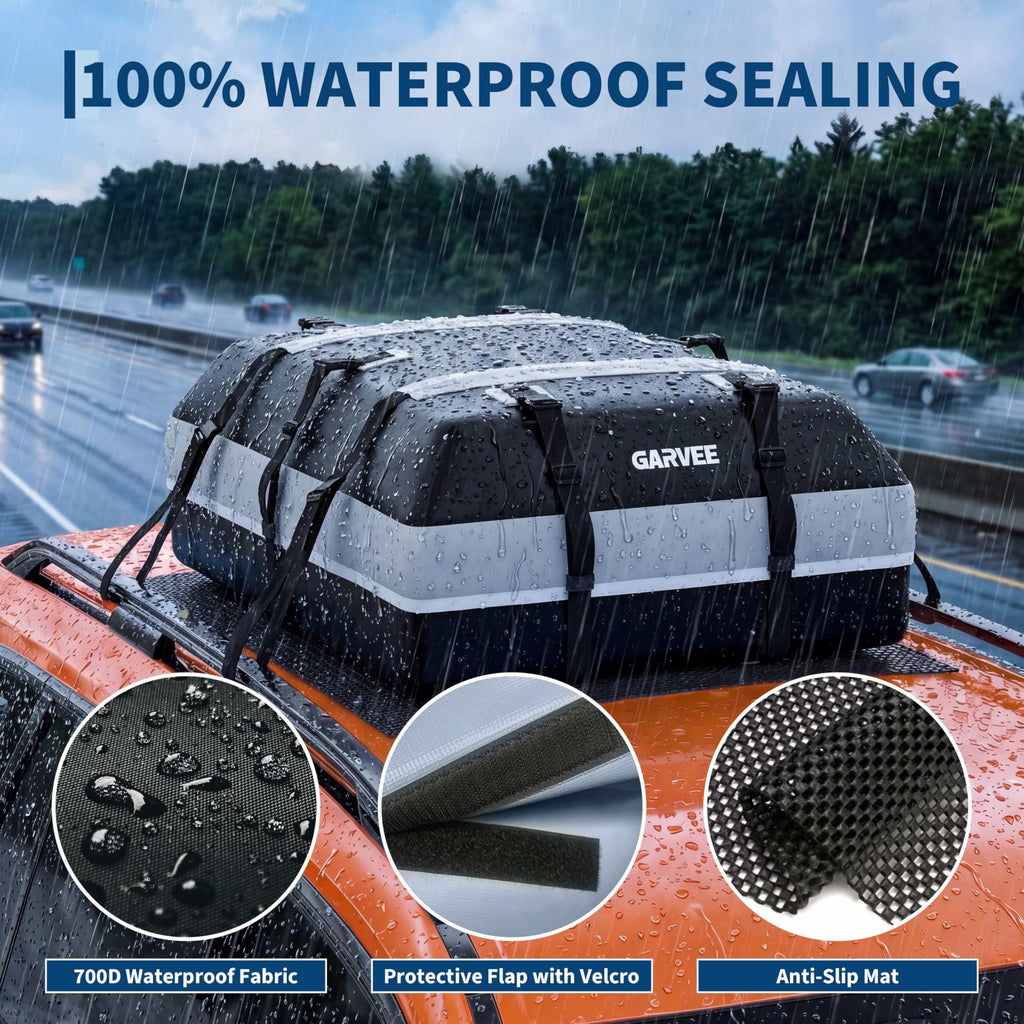 Garvee Waterproof Car Rooftop Cargo Carrier Bag 15 Cubic Feet – Secure Soft Shell Roof Luggage Storage for All Vehicles – Includes Combination Lock, 6 Door Hooks, 2 Ratchet Straps, Anti-Slip Mat – Size 112x86x43cm – Color: 15CUFT, Mat: 120x89cm, Straps: