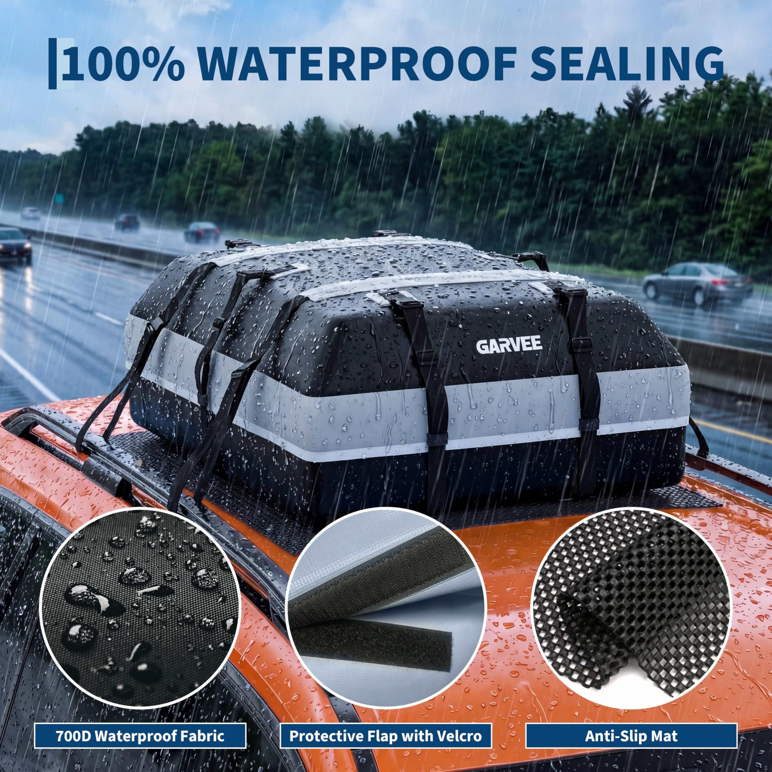 Garvee Waterproof Car Rooftop Cargo Carrier Bag 15 Cubic Feet – Secure Soft Shell Roof Luggage Storage for All Vehicles – Includes Combination Lock, 6 Door Hooks, 2 Ratchet Straps, Anti-Slip Mat – Size 112x86x43cm – Color: 15CUFT, Mat: 120x89cm, Straps: