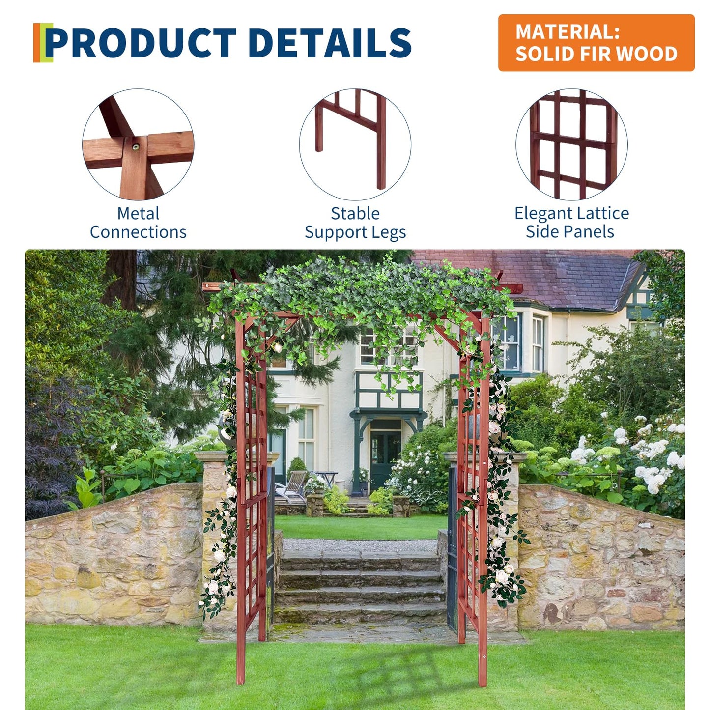 Garvee 85-Inch Wooden Garden Arbor Trellis, Fir Wood Flat-Top Pergola for Climbing Plants, Wedding, Patio, Lawn & Backyard, Teak