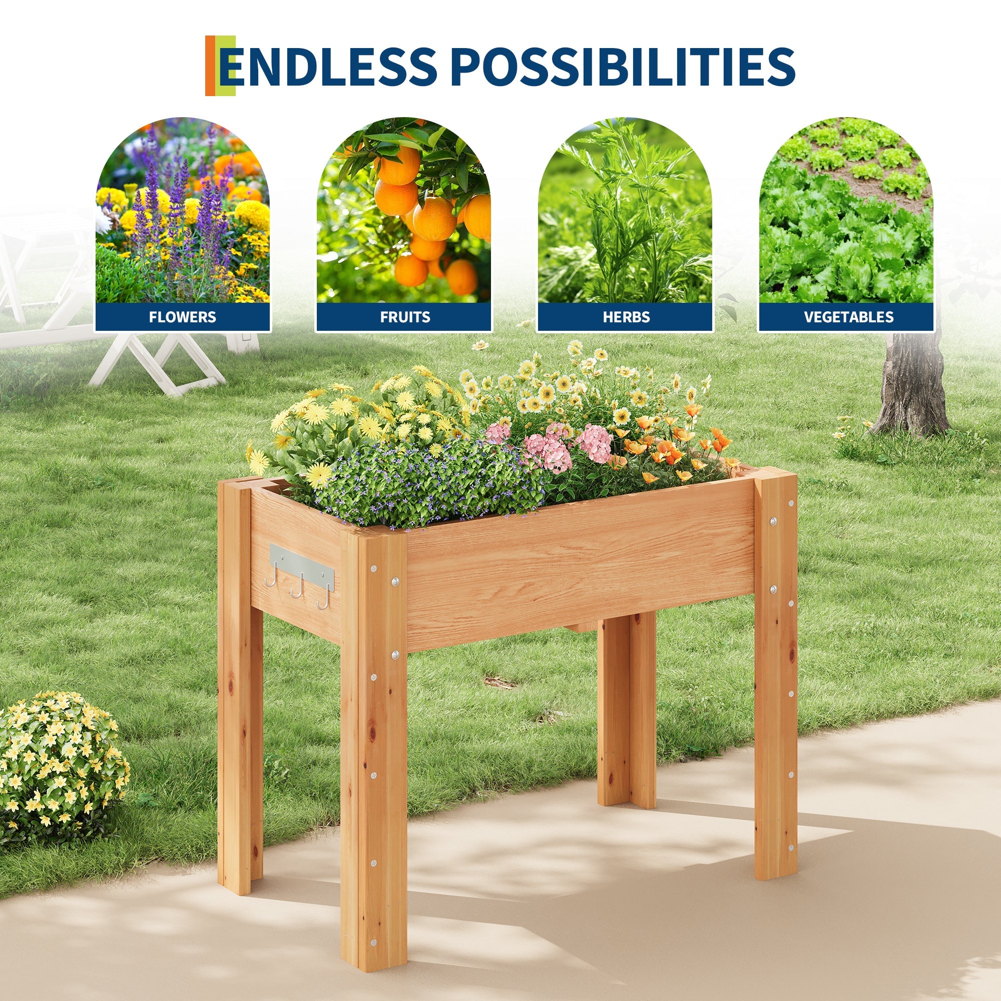 Garvee Ergonomic Elevated Wooden Raised Garden Bed with Legs & Hooks, 34" x 18" x 30" Planter Box with Non-Woven Liner, Easy Assembly for Vegetables, Herbs & Flowers, Oak