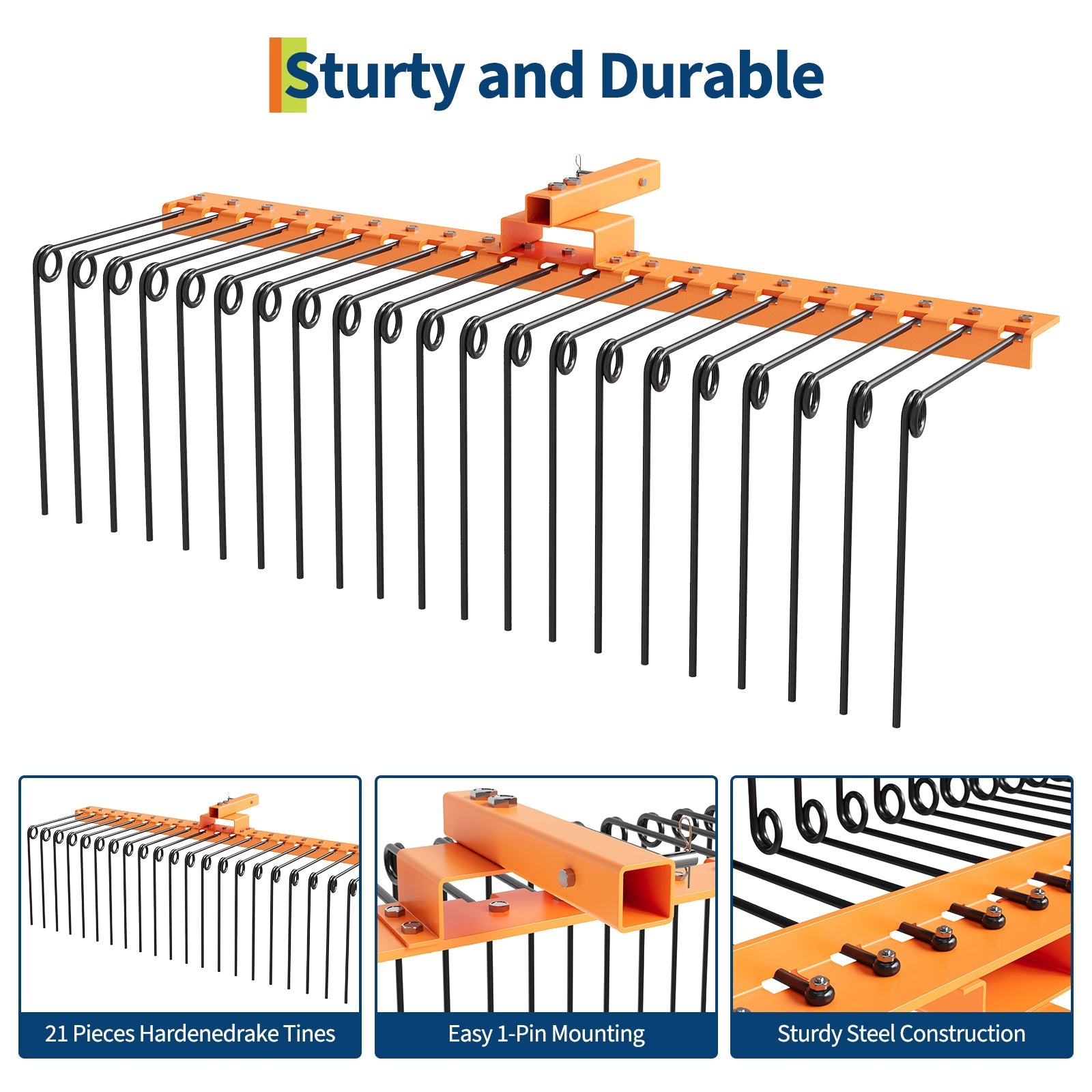 Garvee 60 in Pine Straw Rake with 21 Steel Spring Tines, Rust-Resistant Steel, Fits 2 in Receiver for Lawn Tractors & ATV/UTV, Orange, Landscape Use