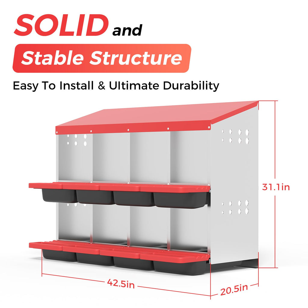 Garvee 8-Hole Chicken Nesting Box Metal Coop with Roll-Away Egg Collection & Ventilation Holes Galvanized Steel Removable Lid Red for Backyard Hens