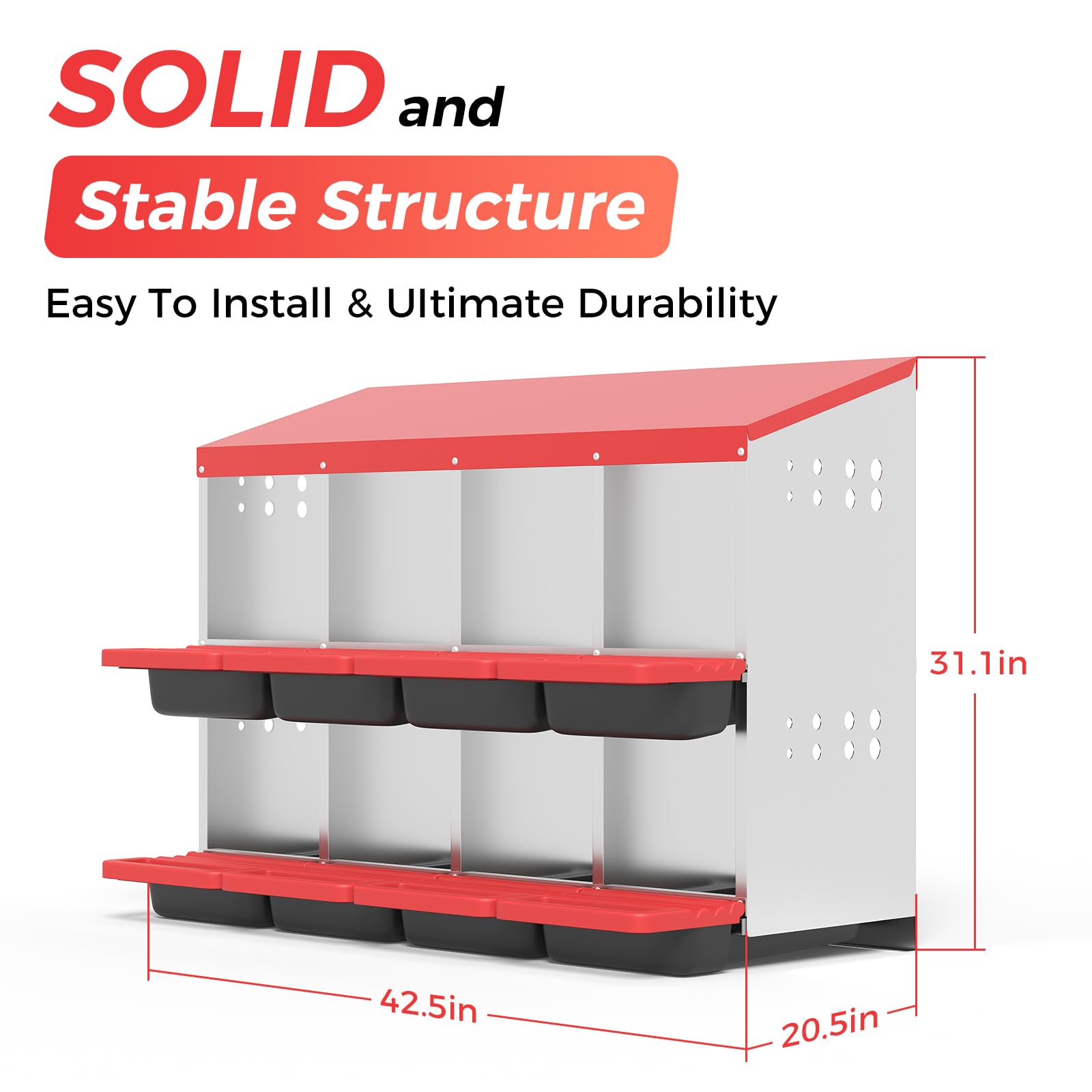 Garvee 8-Hole Chicken Nesting Box Metal Coop with Roll-Away Egg Collection & Ventilation Holes Galvanized Steel Removable Lid Red for Backyard Hens