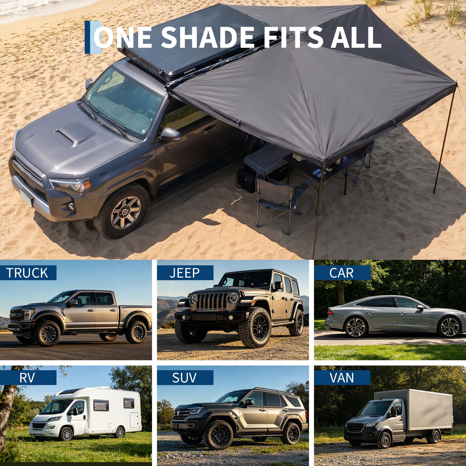 Garvee Heavy Duty 270° Vehicle Awning - 2M Waterproof Blackout Sun Shelter, Ripstop Oxford for SUV Truck Camping - Black, Driver Seat