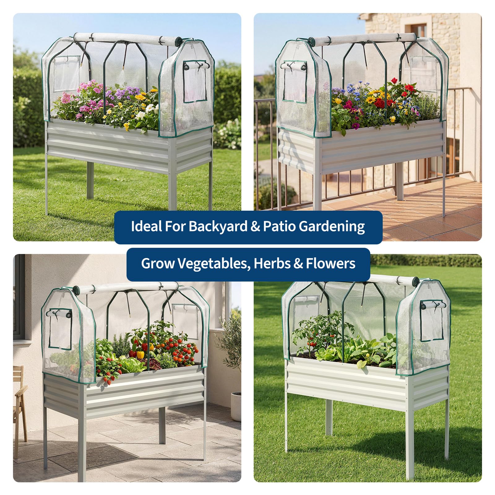 Garvee Elevated Garden Planter, 48 x 24 x 55-Inch Galvanized Metal Raised Bed with Greenhouse Cover, Bird Net and 4 Plant Signs for Patio and Balcony, Gray