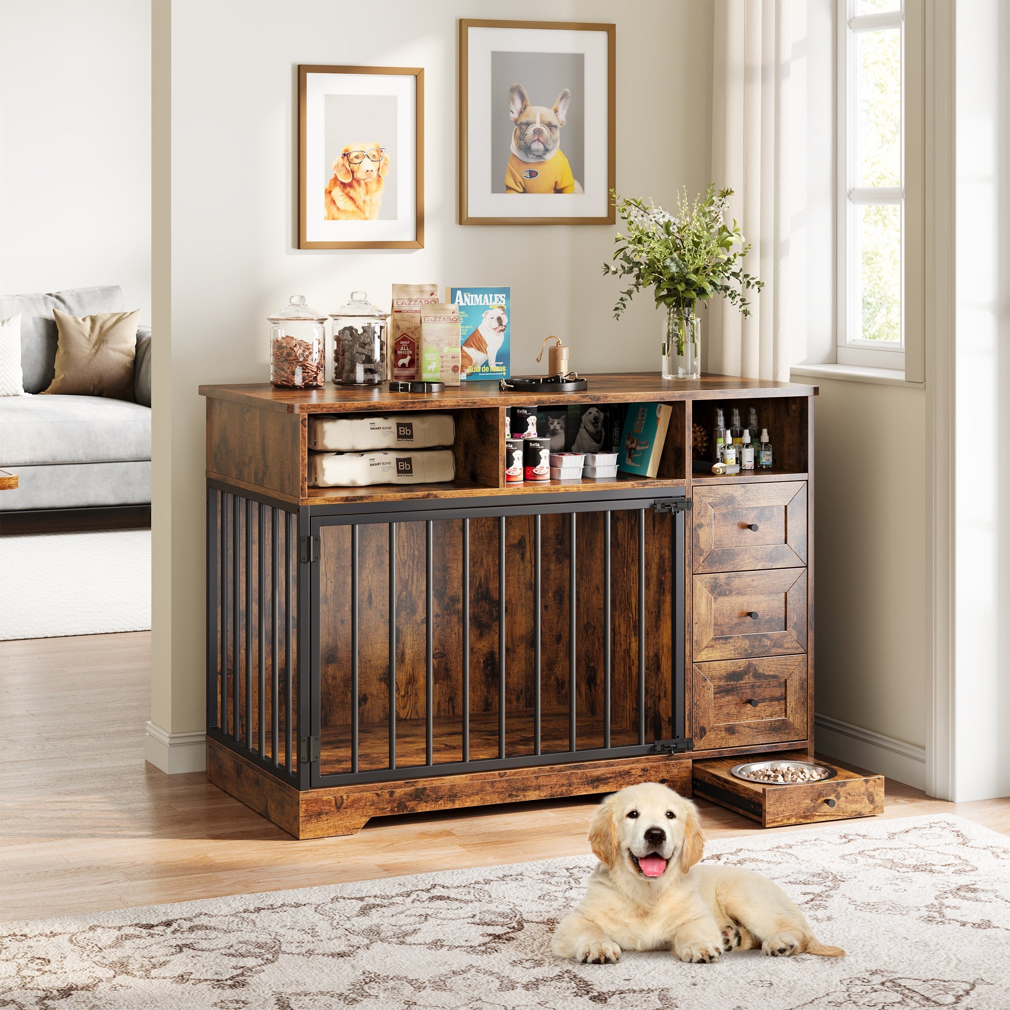 Garvee 48" Dog Crate Furniture with Bowls, Heavy Duty Dog Kennel End Table with 3 Storage Drawers, Locking Door, Farmhouse Style Pet Crate Cabinet for Medium Small Dogs, Retro Brown