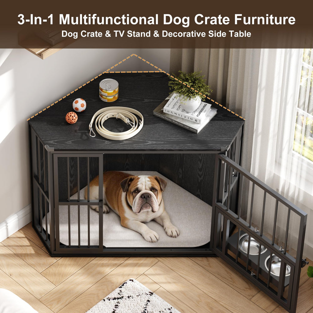 Garvee Space-Saving Corner Dog Crate Furniture – Wooden Indoor Kennel End Table with 360° Rotating Door, Stainless Steel Feeding Bowls, Decorative Design for Small Breeds, Black Relief + Black Iron Frame