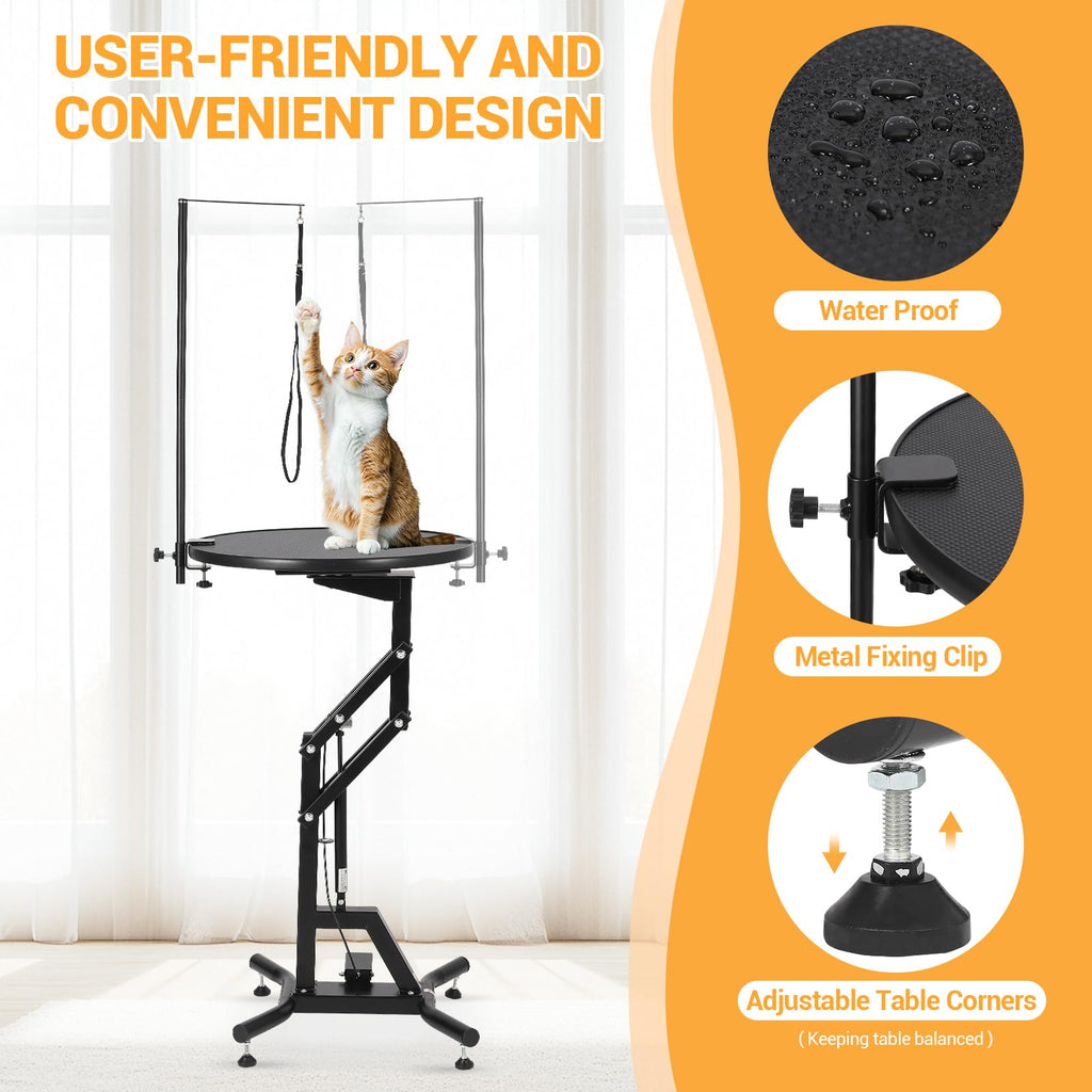 Garvee 24" Hydraulic Dog Grooming Table, Heavy Duty 360° Rotating Grooming Table Adjustable Overhead Arm & Noose for Small Dogs, Round Pet Grooming Station, 210 Lbs Weight Capacity, Black