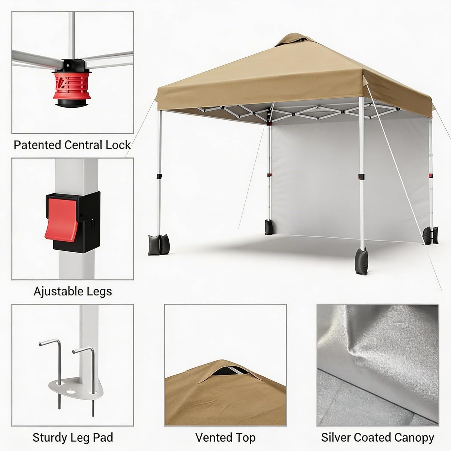 Garvee 10x10 Pop Up Canopy Tent with Sidewall, Instant Outdoor Canopy Shelter with Vented Roof, One Push Easy Setup Gazebo Includes Wheeled Storage Bag, Sandbags, Stakes & Ropes for Camping, Picnic & Backyard, Khaki