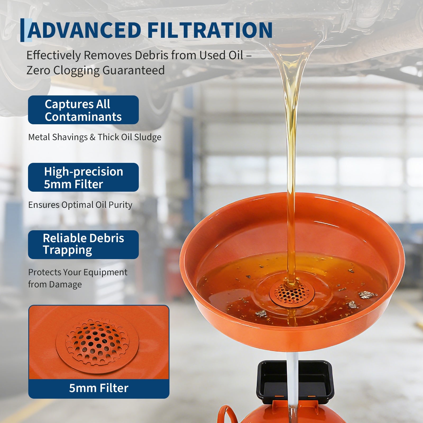 Garvee 8 Gallon Portable Air-Operated Waste Oil Drainer - Heavy-Duty Steel with 15" Adjustable Funnel, Built-In Toolbox, and Casters for Garages, Orange
