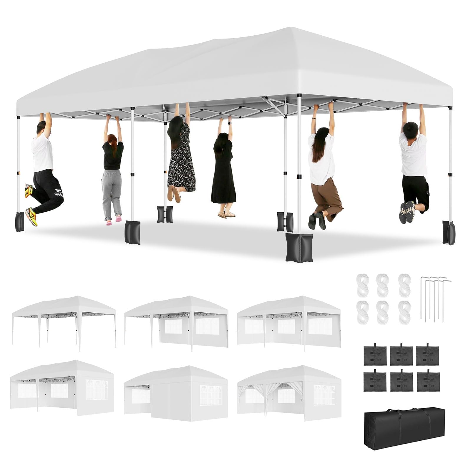 Garvee Pop Up Canopy Tent, 10 x 20 FT White Commercial Gazebo with 6 Sidewalls, Adjustable Height and Waterproof Cover for Parties, Weddings and Events
