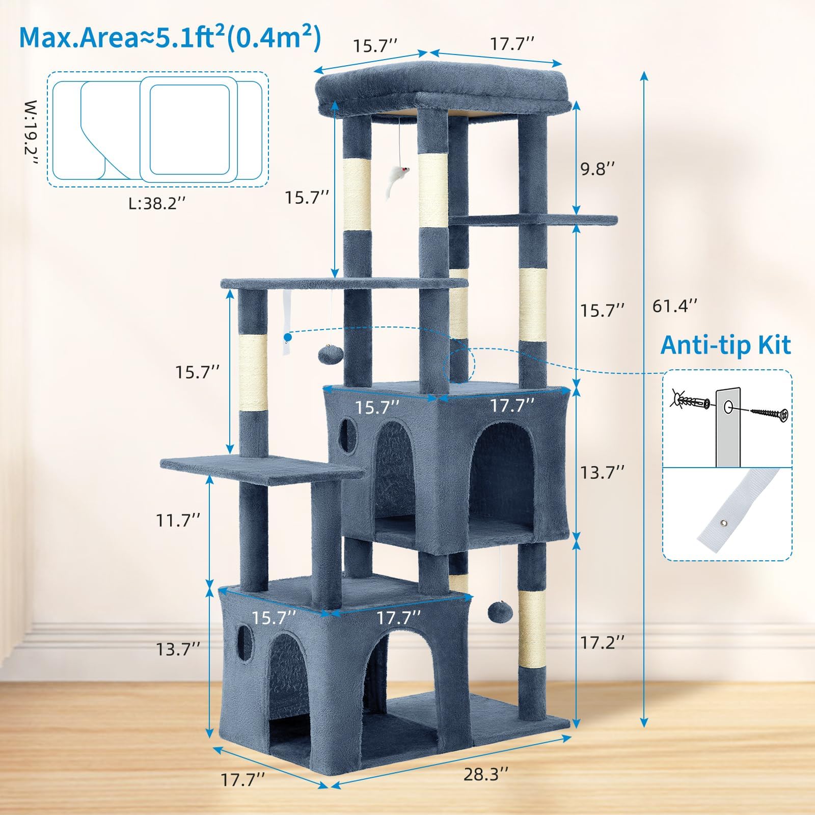 Garvee 61" Multi-Level Cat Tree for Indoor Cats, Heavy-Duty Tower for Large Adult & Maine Coon Cats with Oversized Perch, Dual Condos, Natural Sisal Scratching Posts & Play Toys – Light Blue