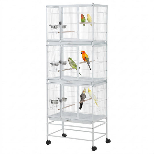 Garvee Heavy Duty Large Bird Cage - 74 Inch Stackable Aviary with 3 Dividable Compartments, Removable Trays, Spacious Flight Enclosure for Parakeets, Cockatiels, Conures, Finches, Easy Clean - White