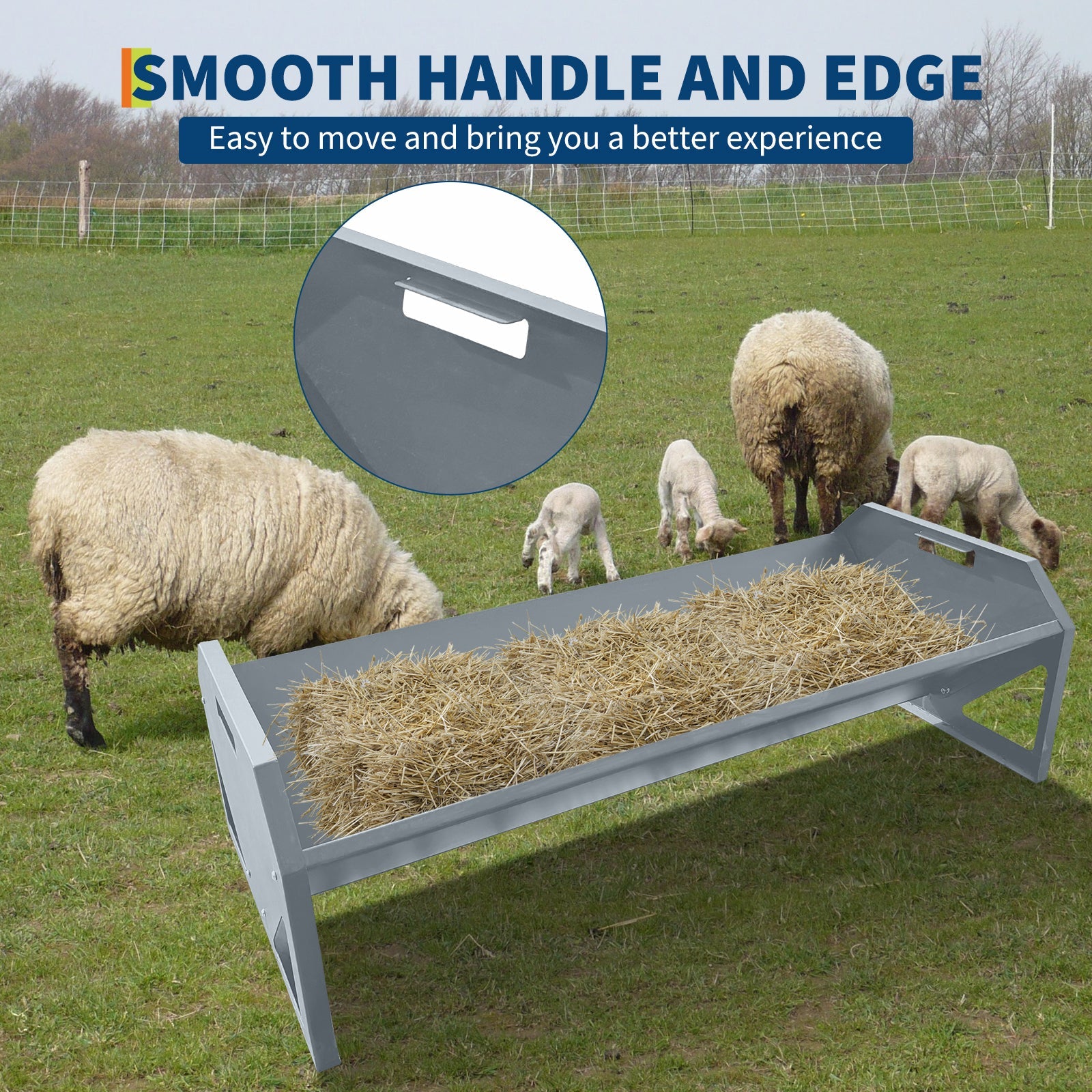 Garvee Livestock Feeder, 45.13" Hay Feeder for 10 Sheep Once, Heavy Duty 22 Gallon Capacity Livestock Feeding Trough for Horse, Goat, Sheep, Cattle, Cow, Alpaca, Silver