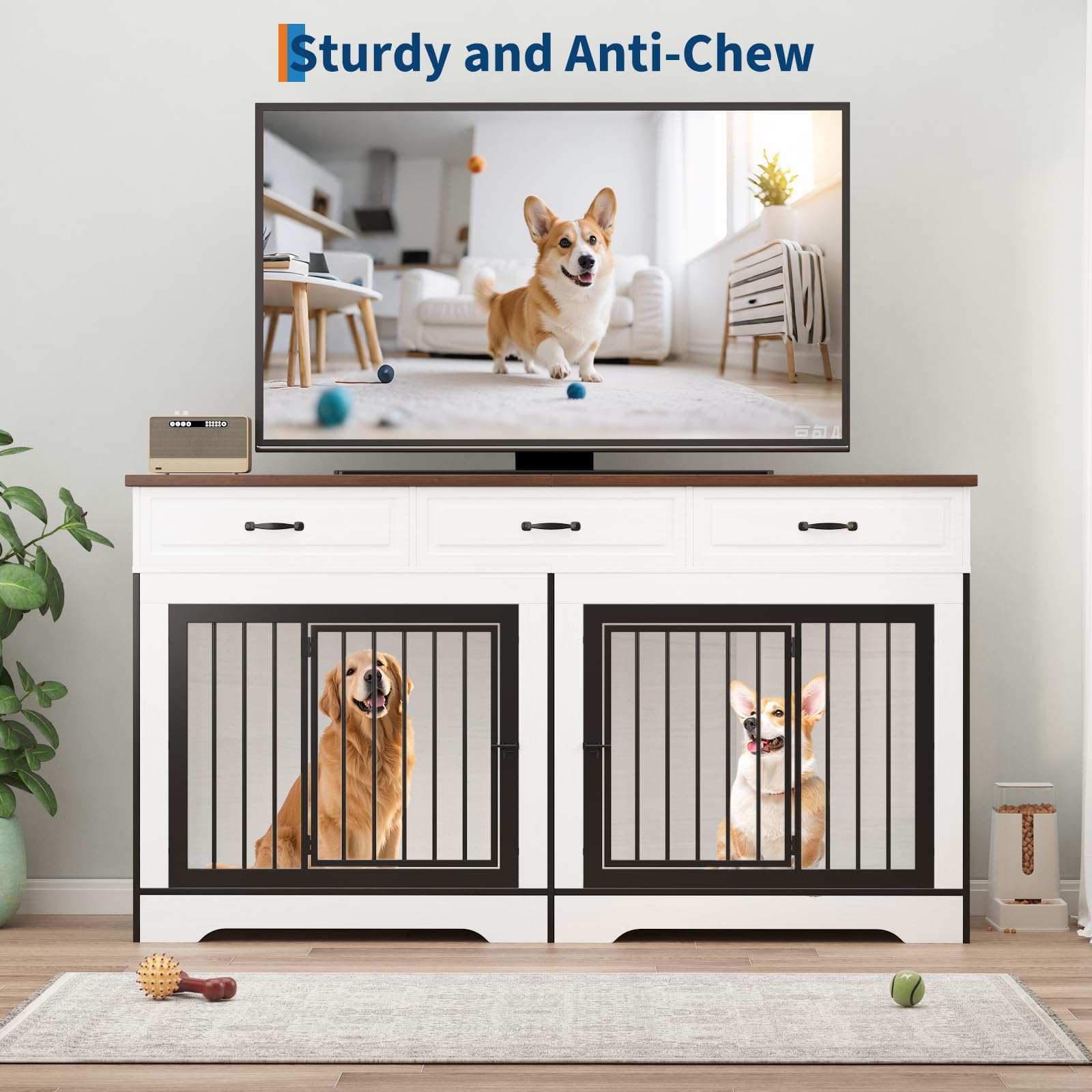 Garvee 71" Dog Crate Furniture for 2 Dogs, Heavy Duty Double Dog Kennel with 3 Drawers, Extra Large Furniture Style Indoor Dog Crate Table TV Stand  for Medium/Large Dogs, White&Walnut