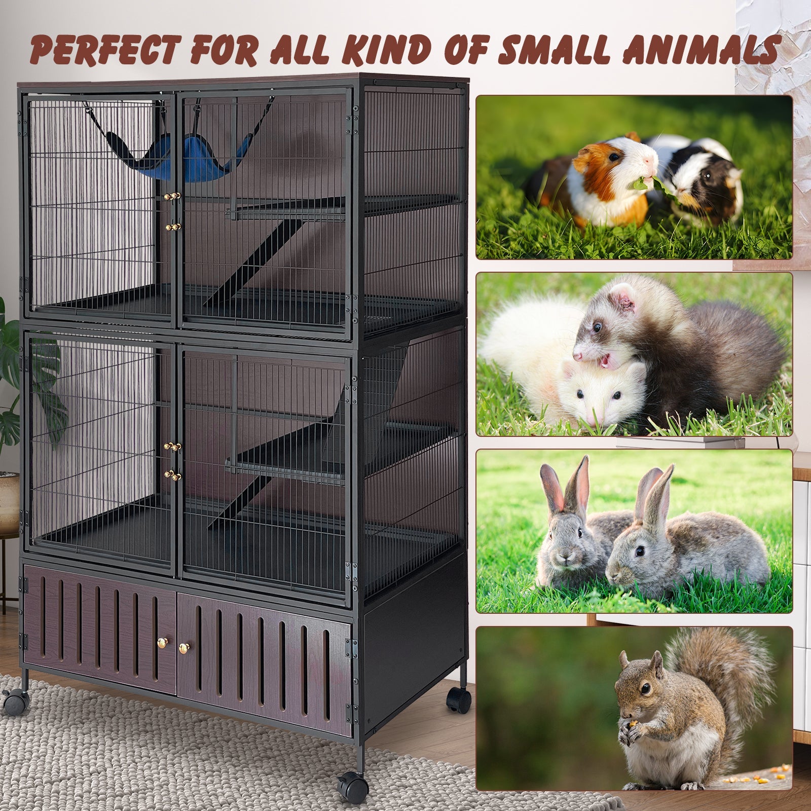 Garvee 5-Tier Rolling Ferret Cage Large, 60"H Small Animal Mansion for Chinchilla/Squirrel, Multi-Level Habitat with Hammock, Lockable Doors & Ramps, Ideal for Pet Rodents, with Sturdy Back Panel