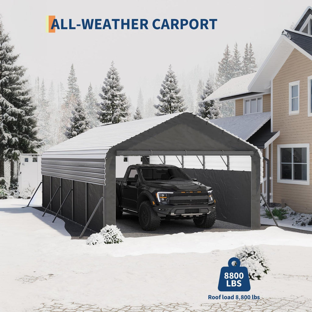 Garvee Enclosed Metal Carport 12×24 ft, 220g PE Tarp, 1.6" 19-Gauge Steel Frame with Roll-Up Doors for Trucks Boats Tractors