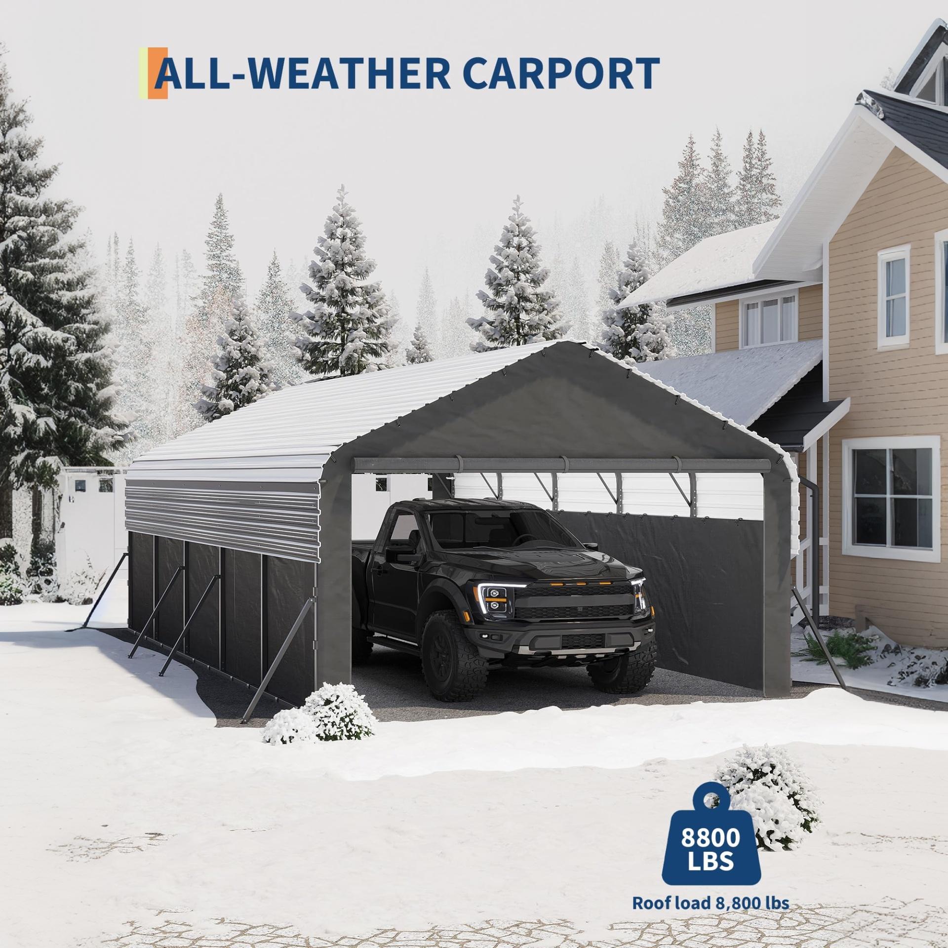 Garvee Enclosed Metal Carport 12×24 ft, 220g PE Tarp, 1.6" 19-Gauge Steel Frame with Roll-Up Doors for Trucks Boats Tractors
