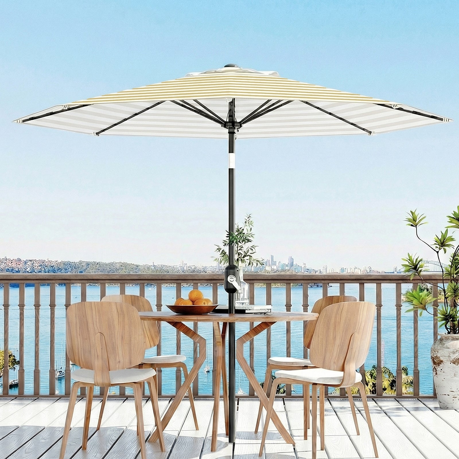 Garvee 9 ft Outdoor Patio Umbrella with 8 Sturdy Ribs, Crank Lift, Push-Button Tilt & UV-Resistant Waterproof Canopy for Pool, Deck, Yard & Garden, Tan & White Stripes