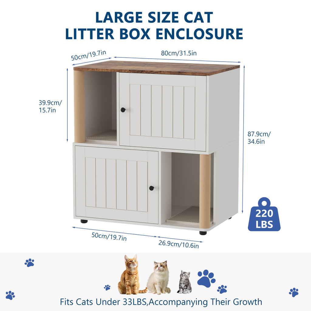 Garvee Double Cat Litter Box Enclosure Furniture for 2 Cats – 2-Tier Modern Cabinet with Hidden Litter Boxes, Sisal Marking Posts, Dual Mats, Odor Control, Dog-Proof End Table – Grooved Door White