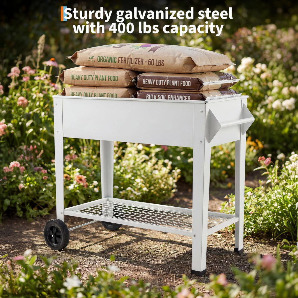 Garvee 40" x 32" x 15.3" Raised Garden Bed with Wheels & Storage Shelf, 400 lb Capacity Anti-Rust Steel Elevated Planter Box with Drainage Holes for Vegetables, Herbs, Flowers, Patio, Balcony & Backyard